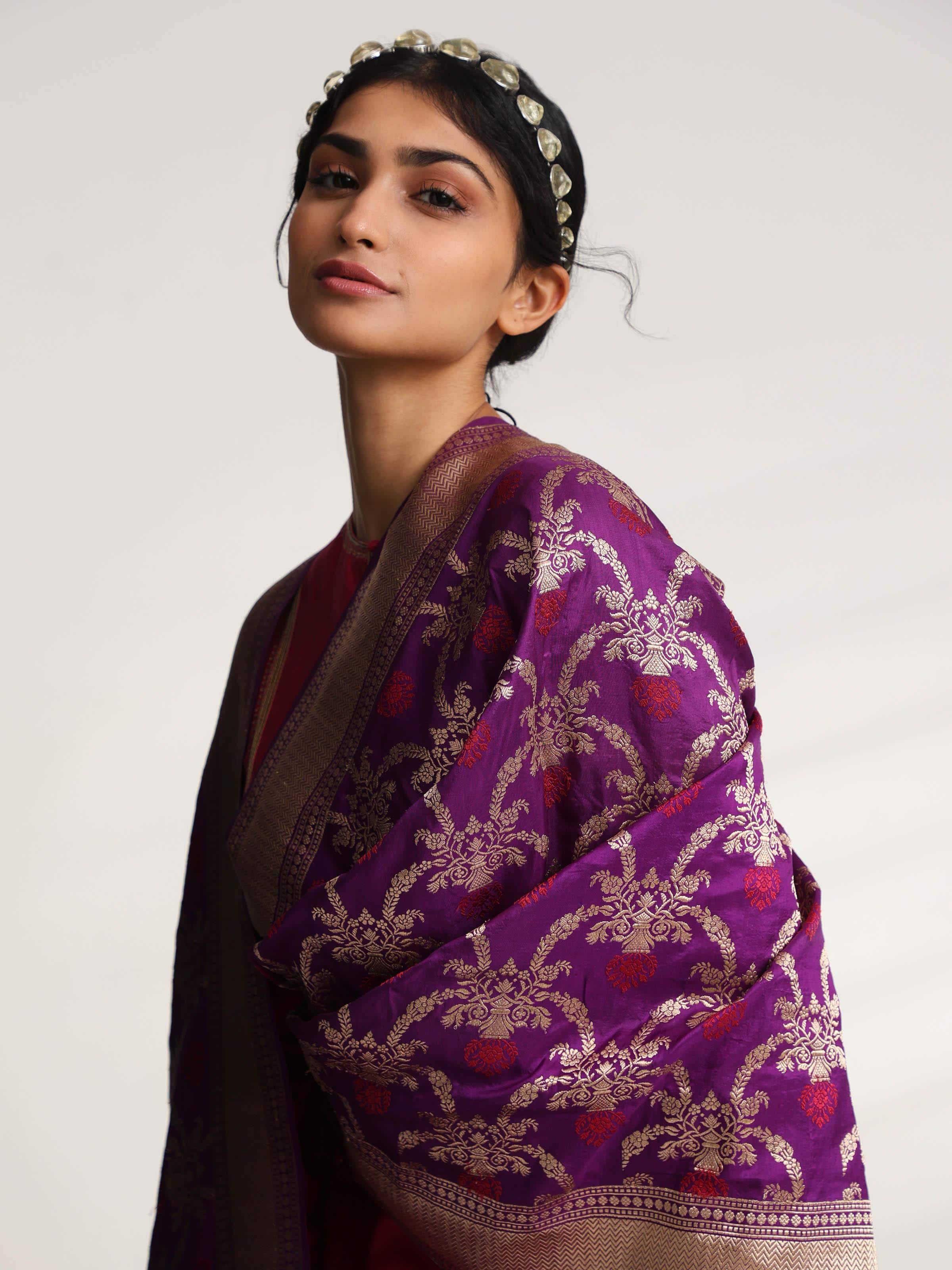 Purple Banarasi Silk Kadwa Jaal Handwoven Dupatta