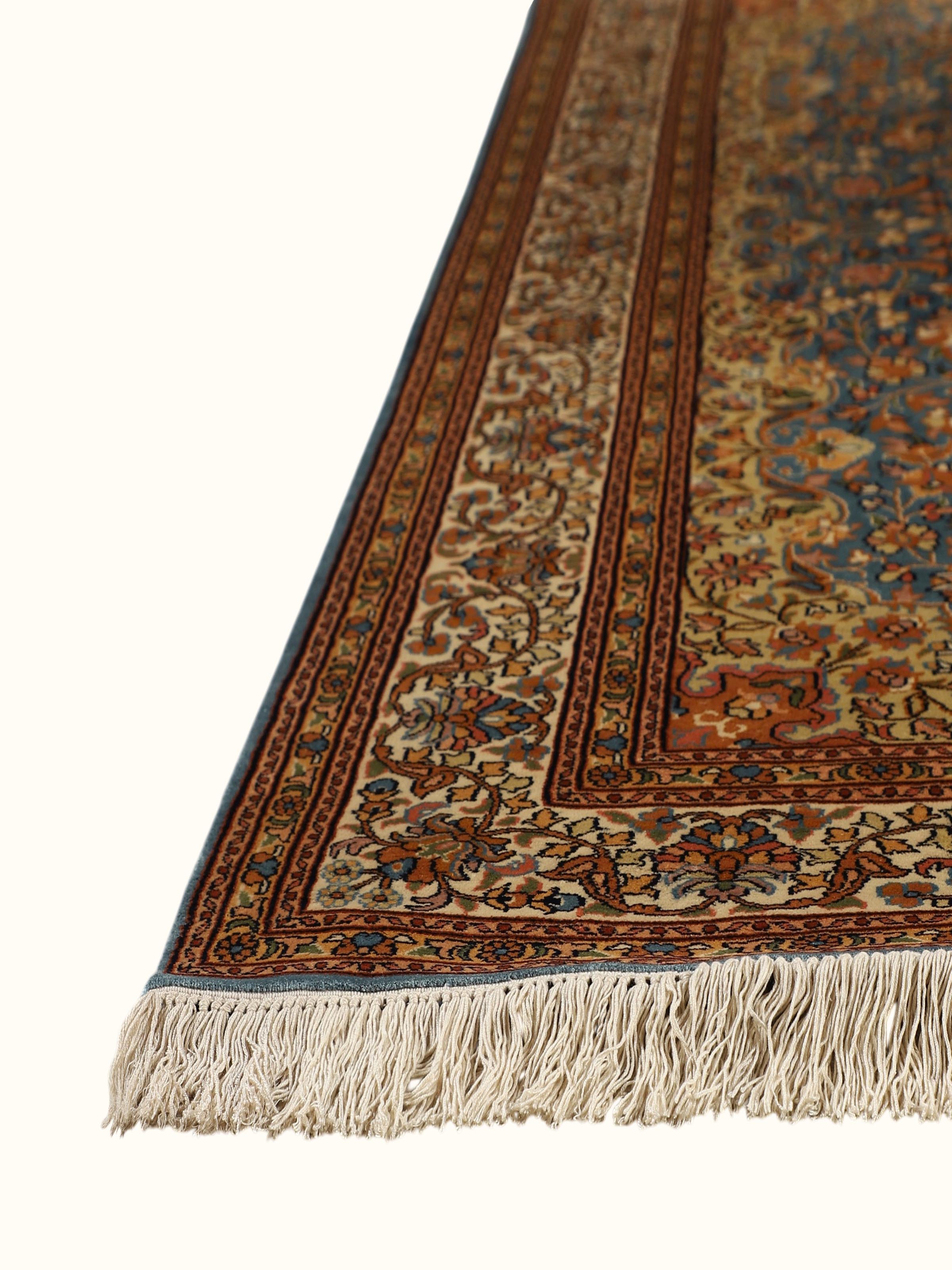 Traditional Persian Blue Tabriz Kashmir Silk Hand-Knotted Carpet