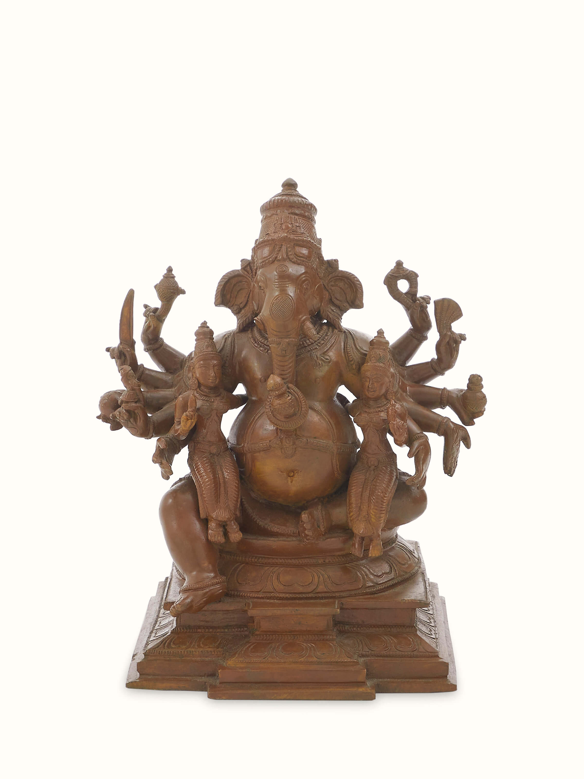 Front view of Spectacular Bronze Casting Ganesha with Siddhi Buddhi Idol by Swadesh showcasing the fine bronze craftsmanship and details.