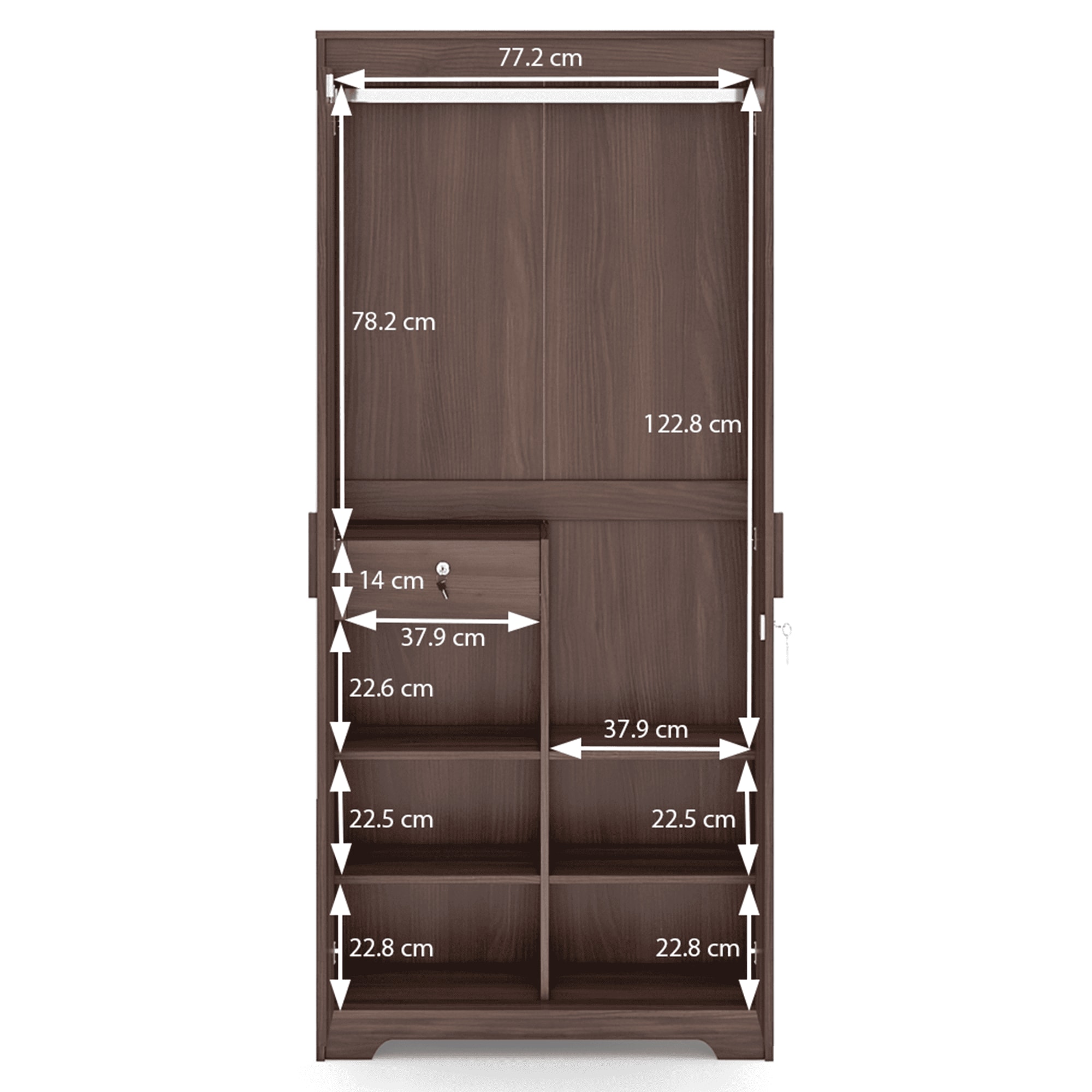 Hilton 2 Door Wardrobe With Mirror and Lock Without Drawer in Chestnut Acacia Finish
