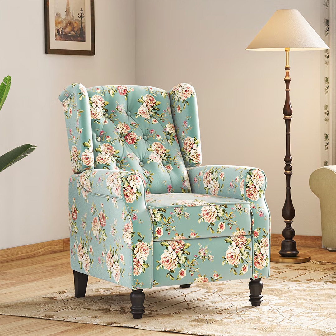 Ellis One Seater Pushback Recliner in Dusty Teal Floral Colour