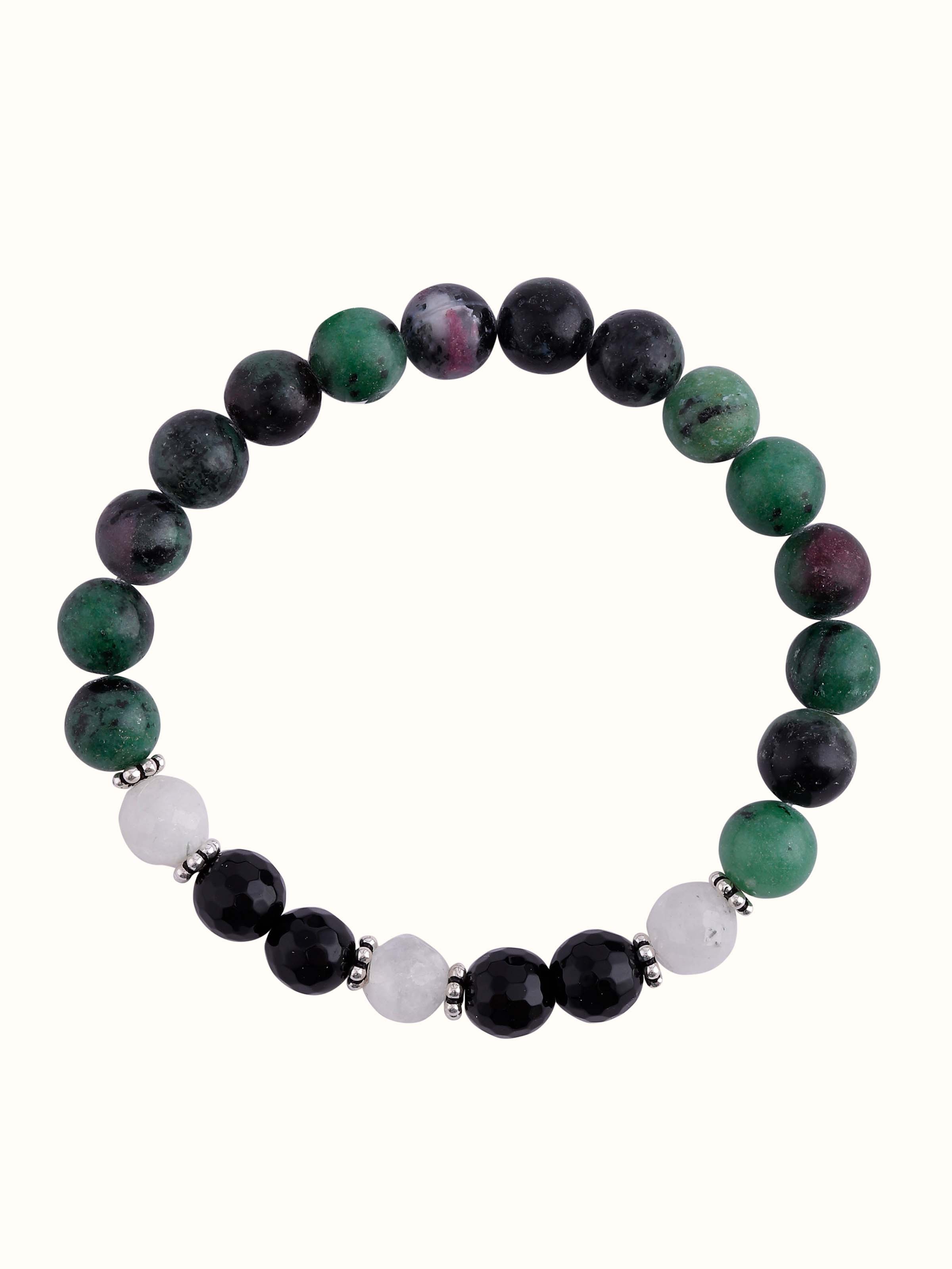 Front view of Green Malachite, Black Onyx & White Moonstone Silver Bracelet, highlighting its striking color contrast and premium silver setting