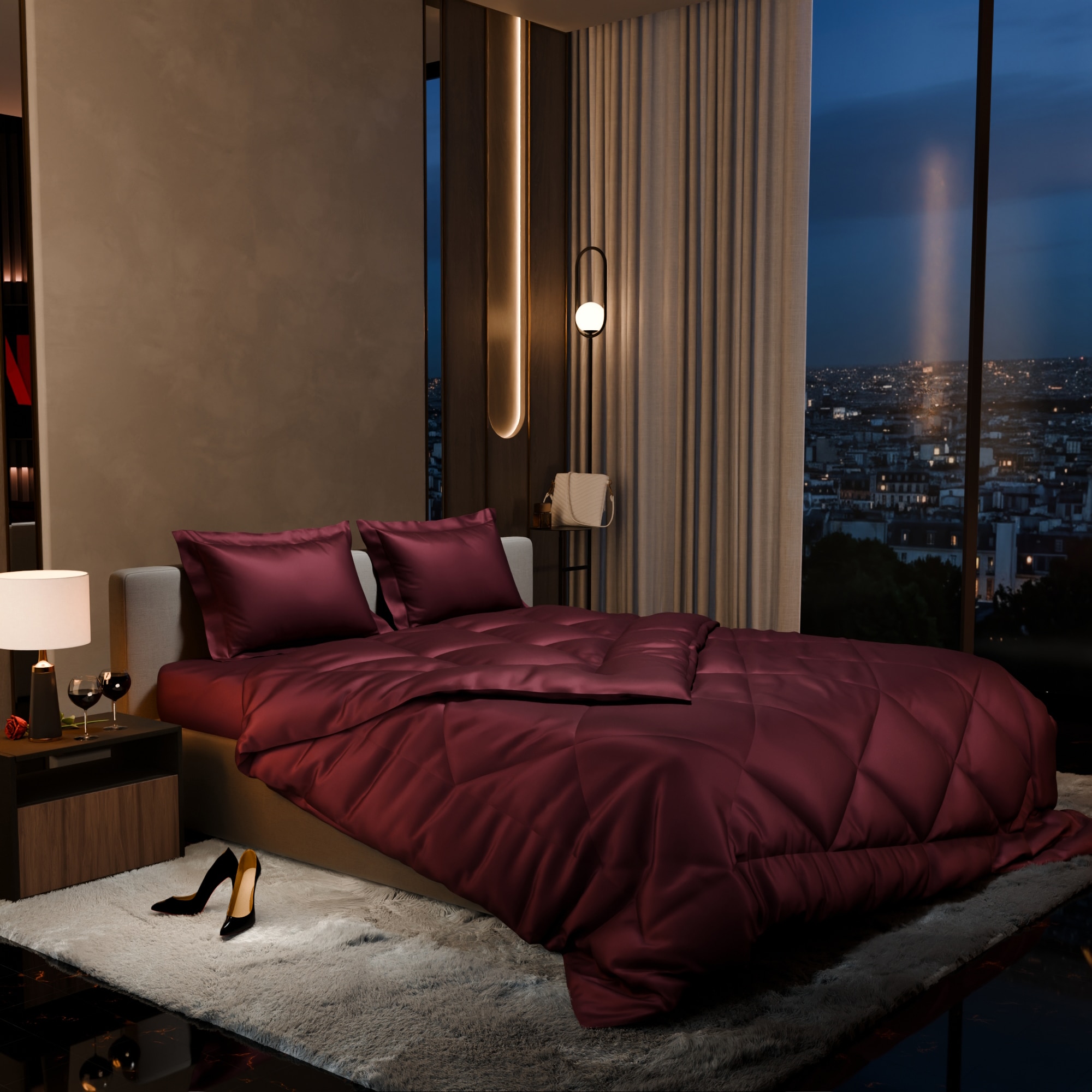 Stoa Paris Comforter Set Double Bed, 300TC Satin Double Bed Comforters in Velvet Wine - Stoa Paris