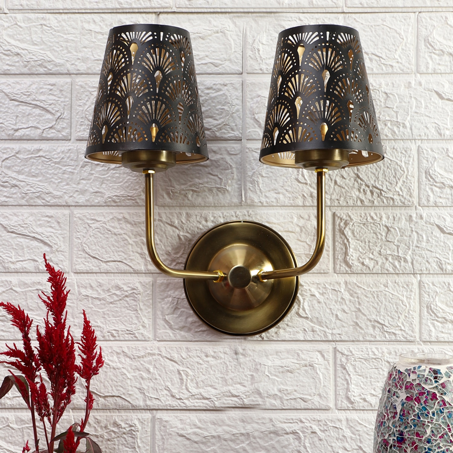 Devansh Metal Electric Wall Light in Gold Colour with Black Shade Count of 2 Lights - Devansh