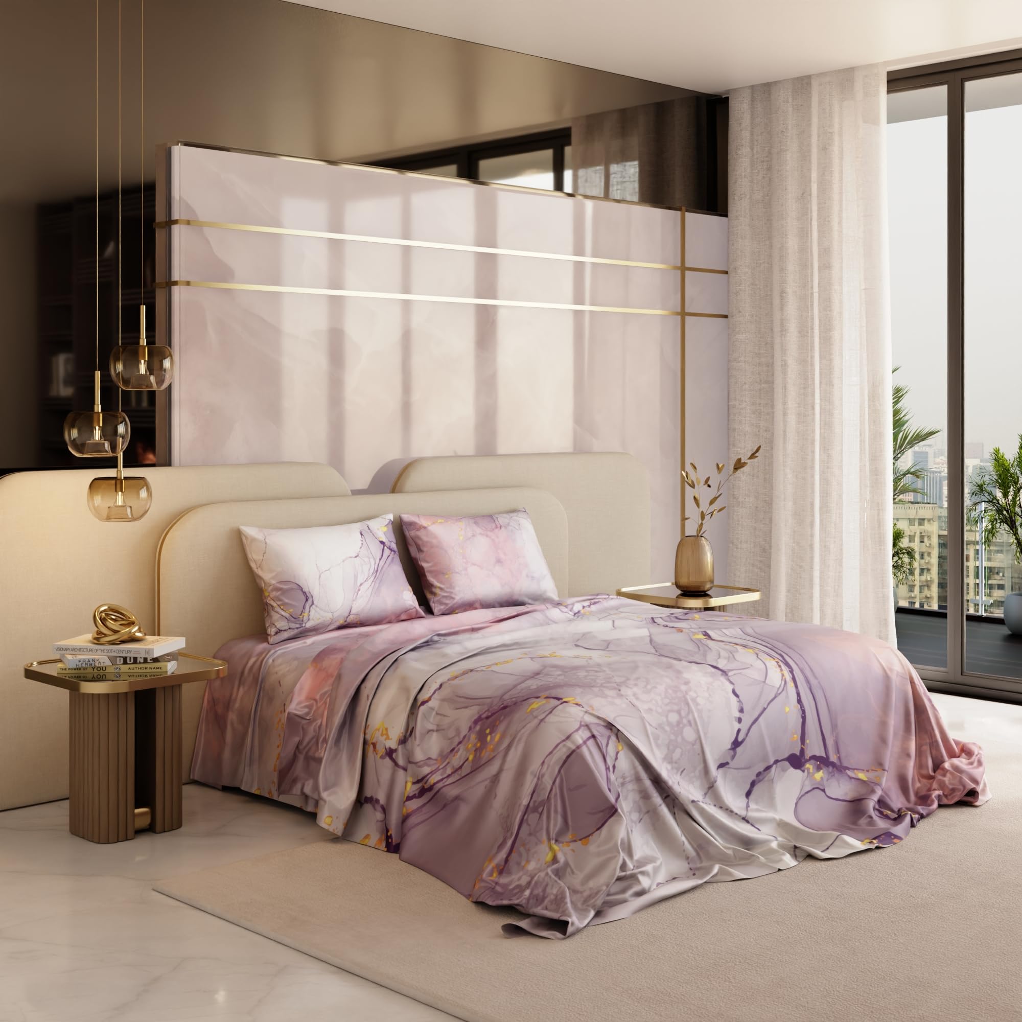 Stoa Paris 300TC UltrSatin Super King Bedsheet with 2 Pillow Covers Satin Super Lavender Peach