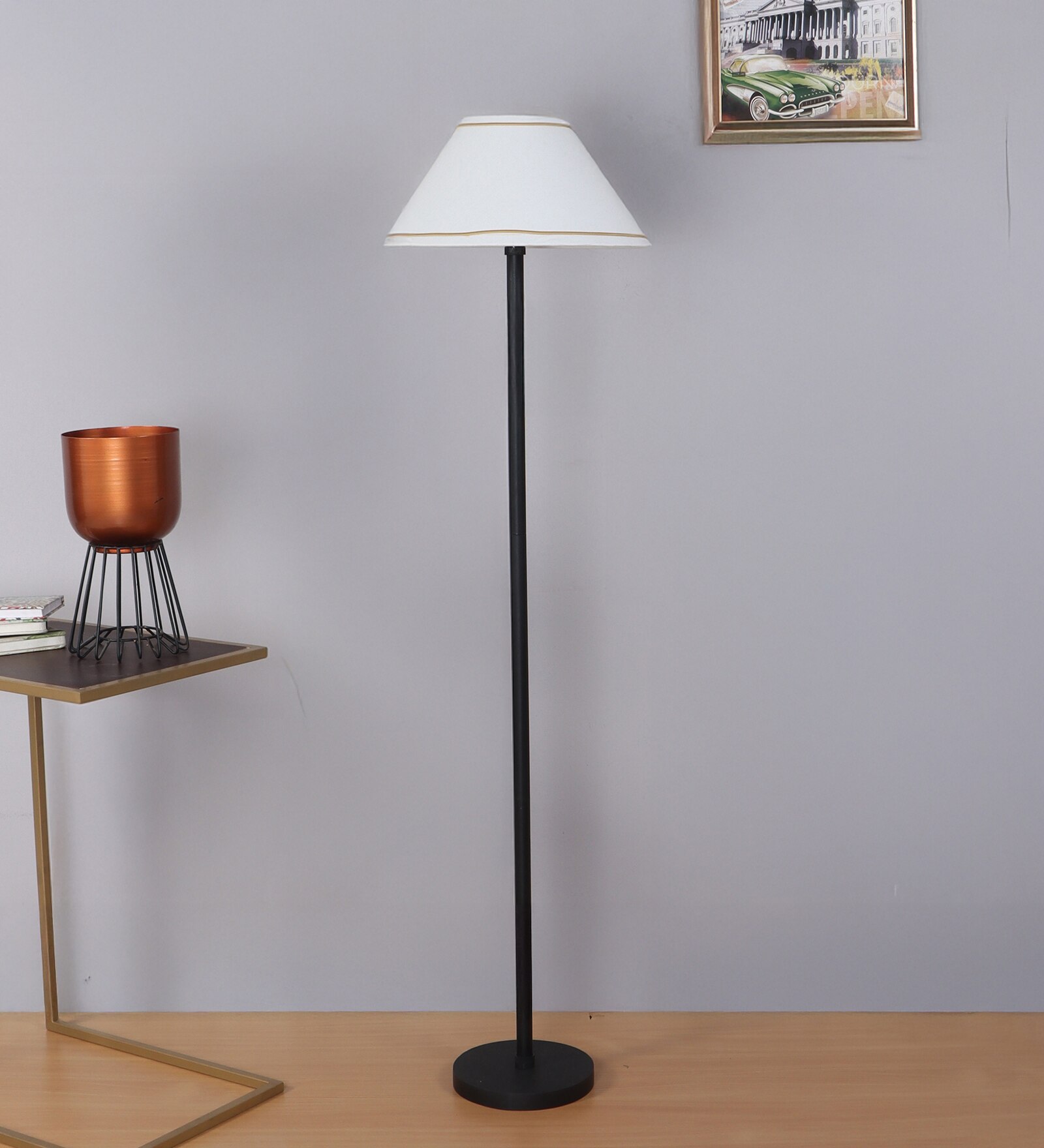 47" Gold Piping Floor Lamp with Off White Shade