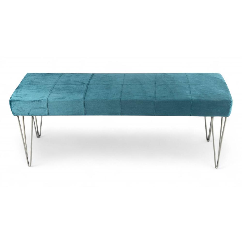 Belmont Sheesham Wood Accent 3 Seater Bench With Metal Legs In Turquoise Sea Velvet