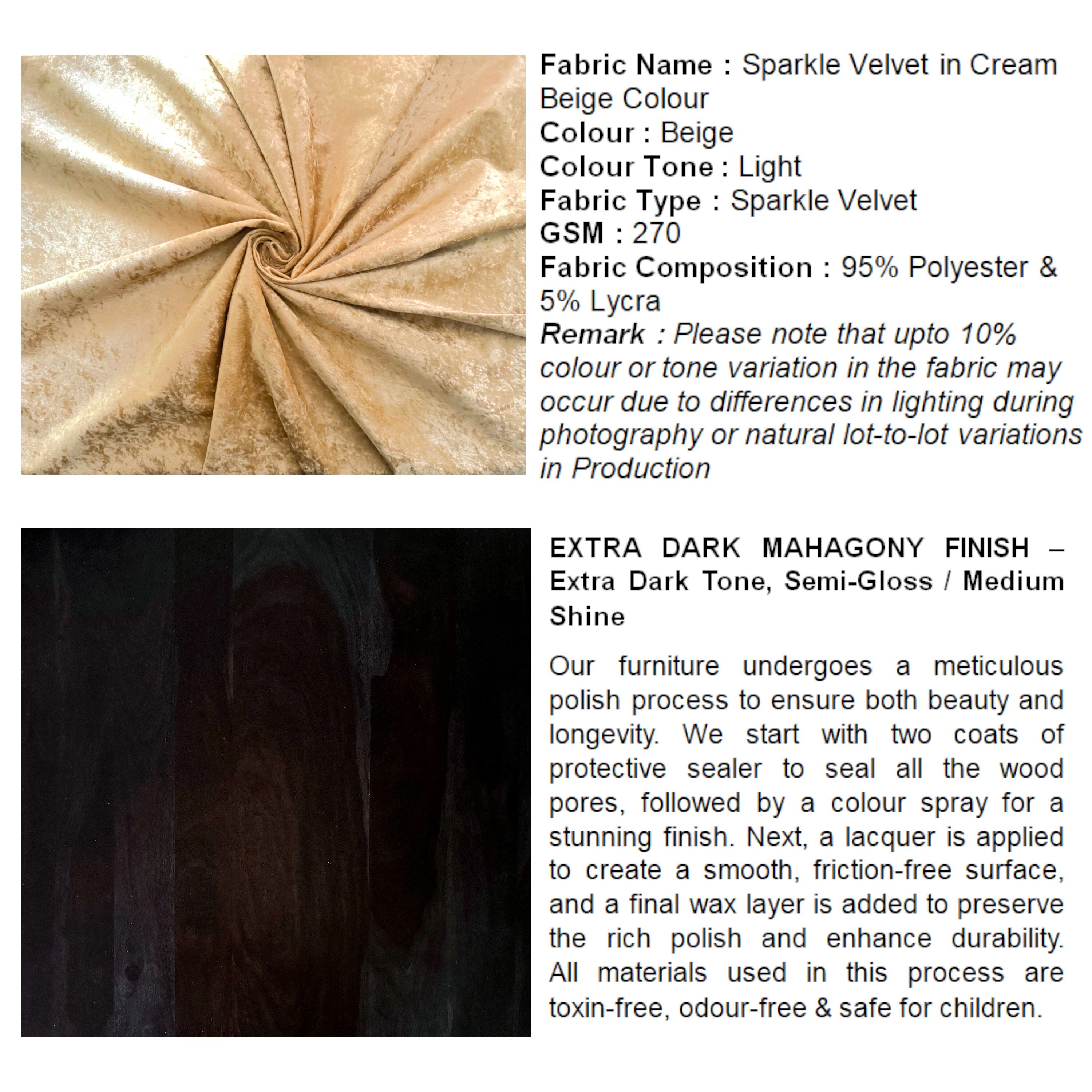 Houston Sheesham Wood Set of 2 Stools in Beige Sparkle Velvet, Extra Dark Mahogany Finish