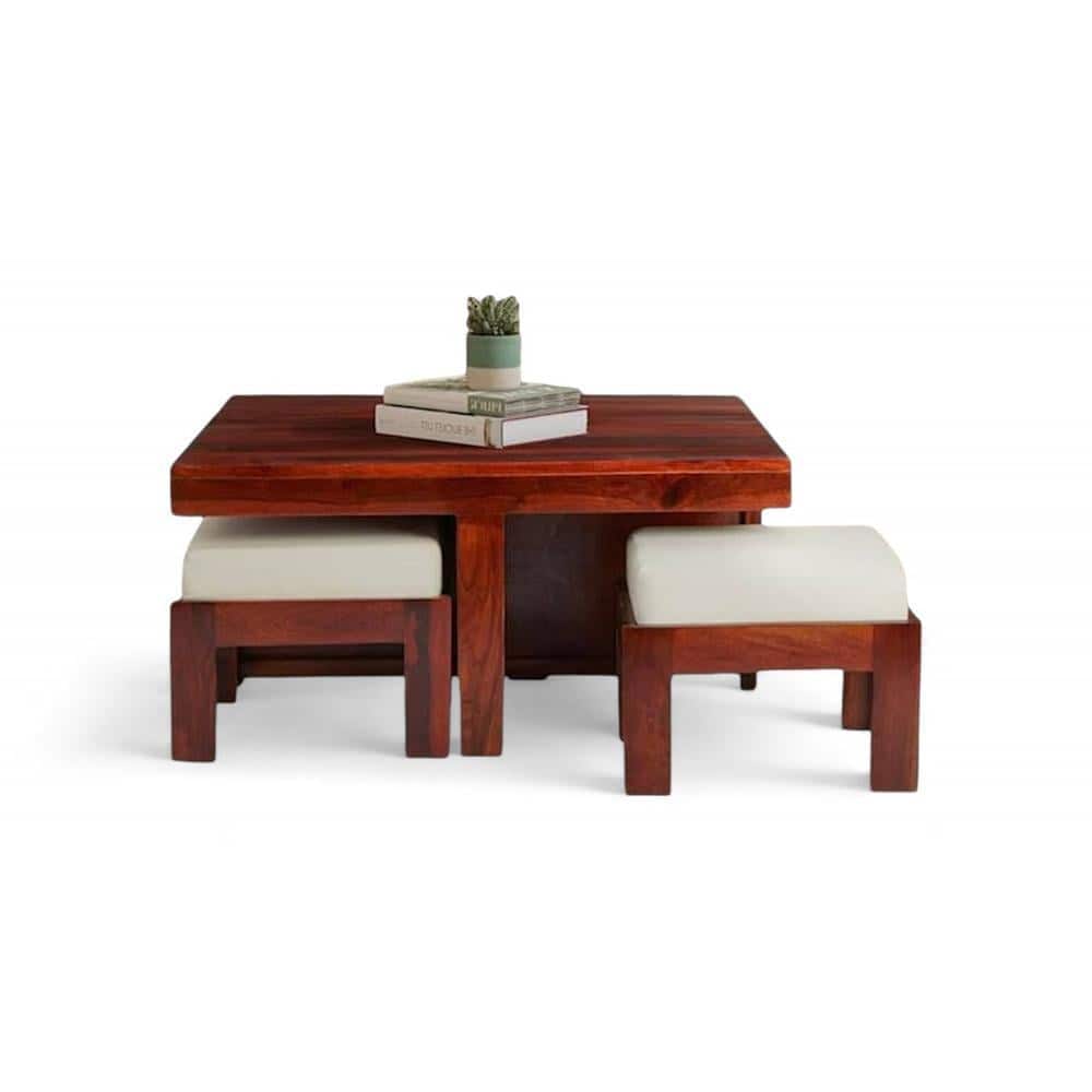 Blane Sheesham Wood Accent Coffee Table Set With 4 Stools In Honey Finish