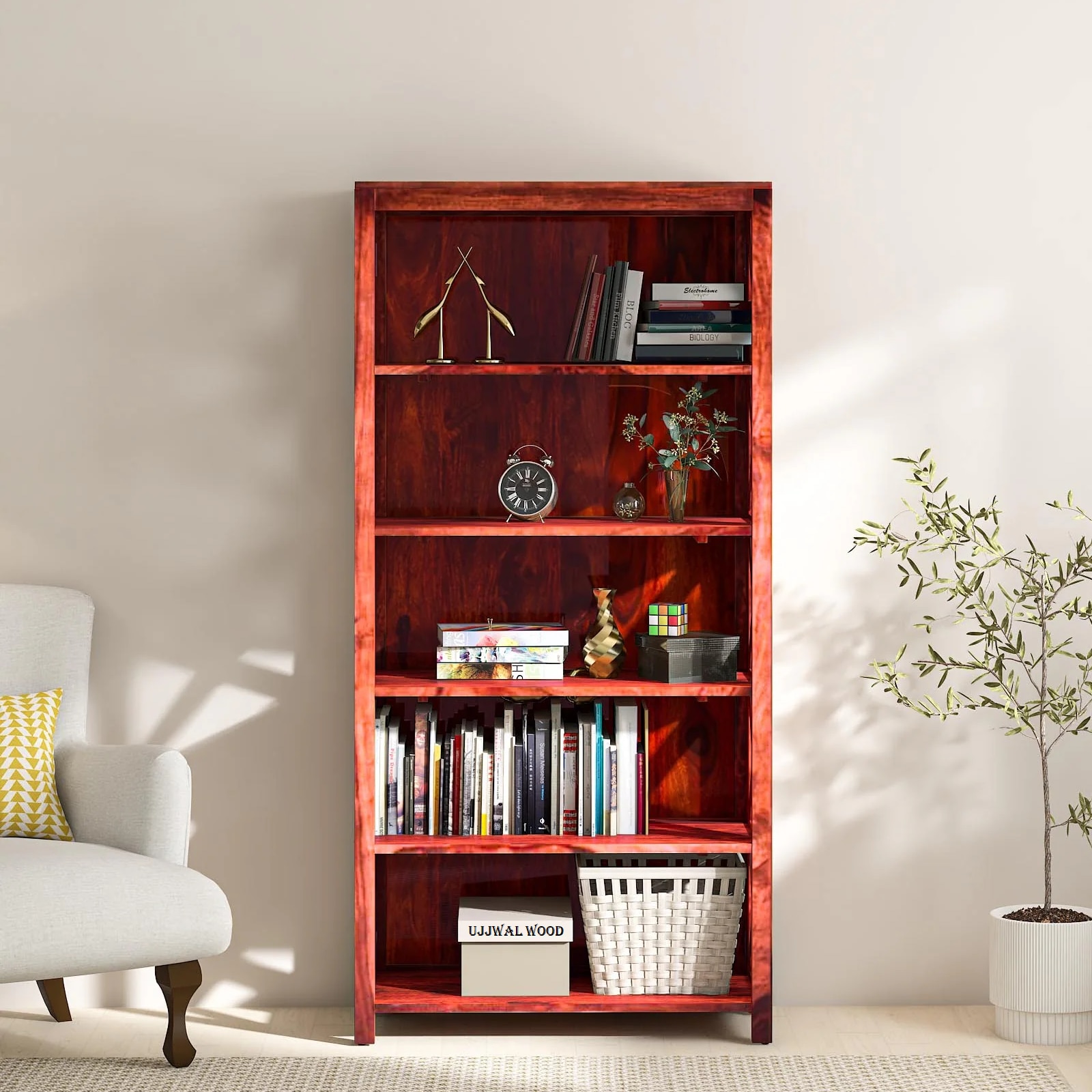 Sheesham Wood Bookshelf In Scratch Resistant Honey Oak Finish