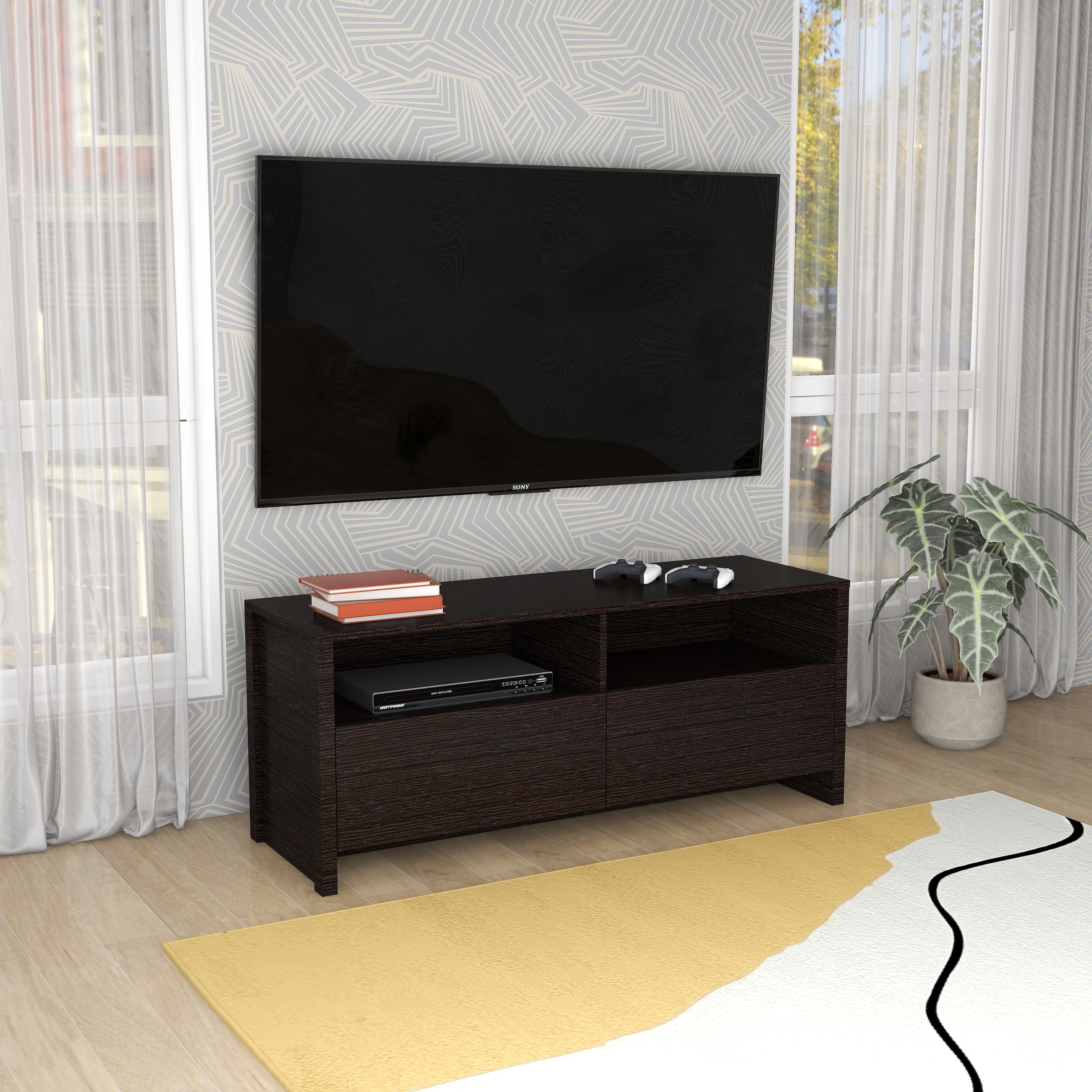 Zouk Engineered Wood TV Unit with Open Shelf and Cabinet in Wenge Finish