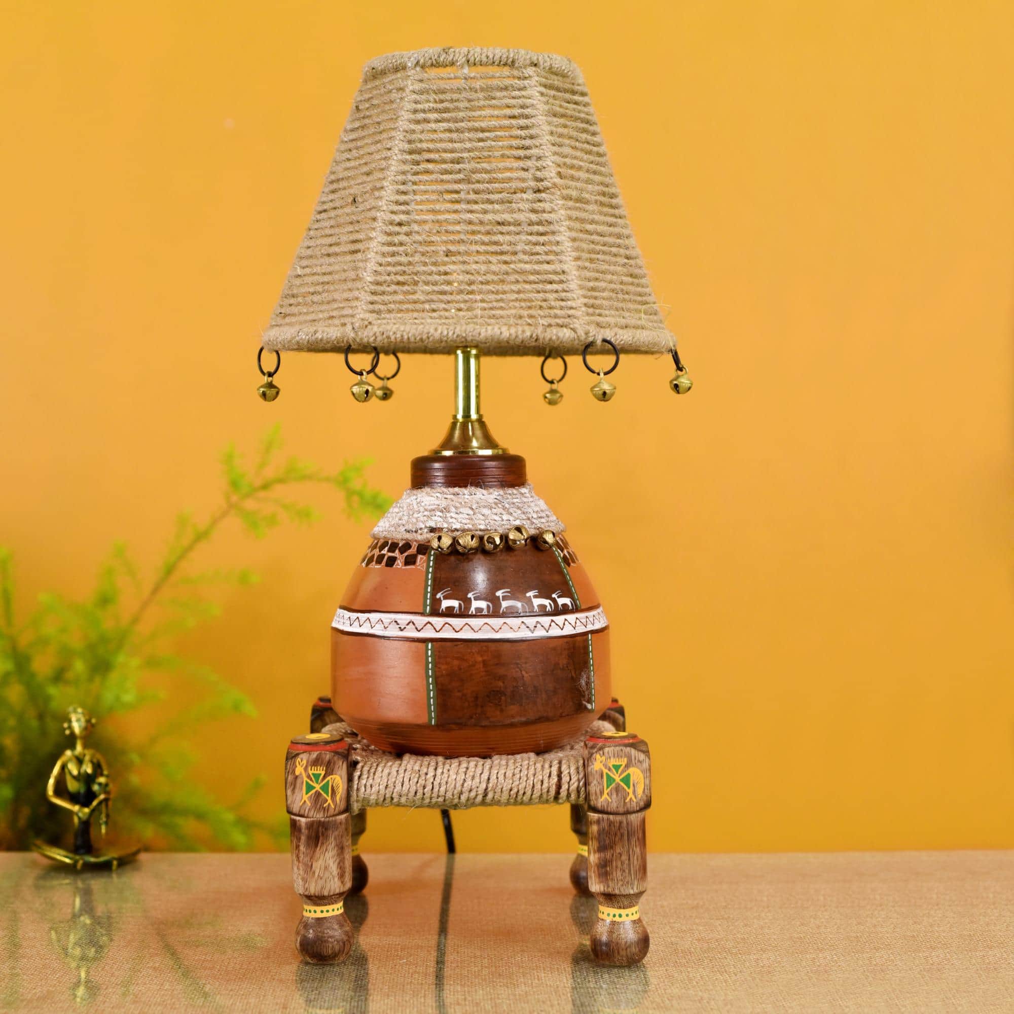 Hand Knitted Earthen Lamp with Jute Shade on Rosewood Manji (7x7x18")