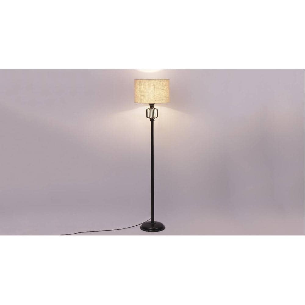 Sage White Natural Fiber Floor Lamp with Black Iron Base