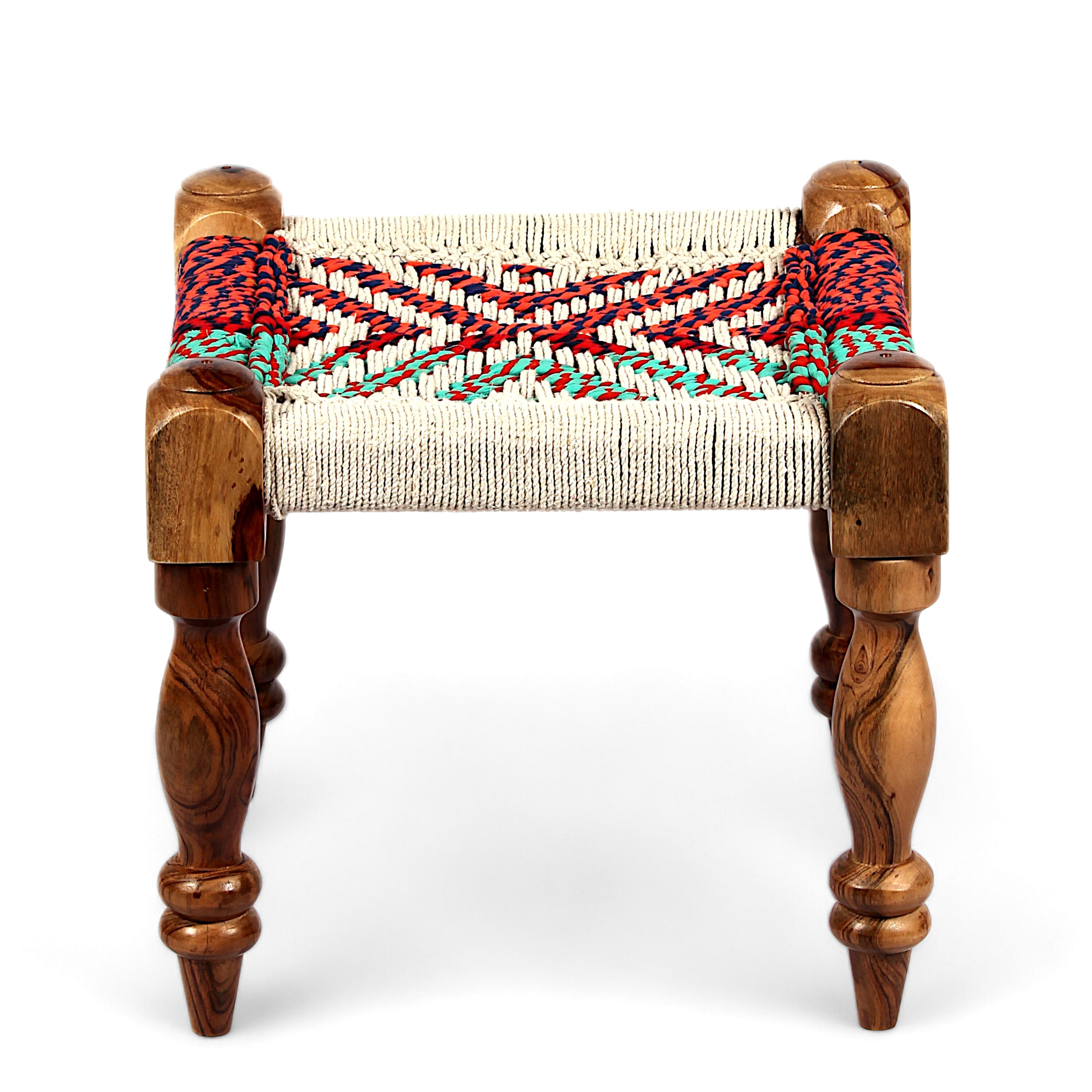 Hamilton Sheesham Wood 2 Seater Maachi Bench Set With 2 Stools In Assorted Multi-Colour Chindi & White Rope Canning