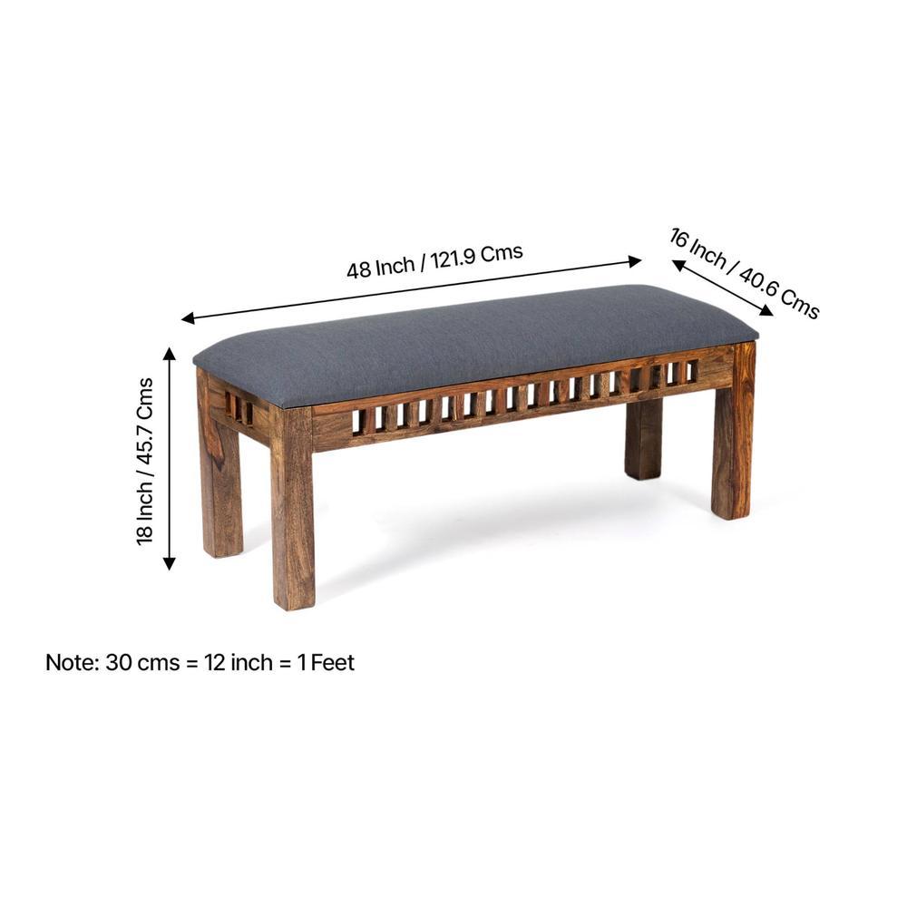 Milford Sheesham Wood Accent 3 Seater Bench In Anchor Grey Fabric