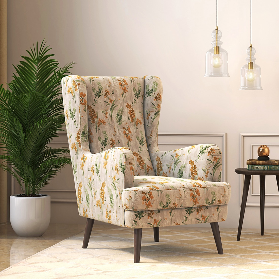Genoa Lounge Chair In Mustard Floral Colour - Urban Ladder