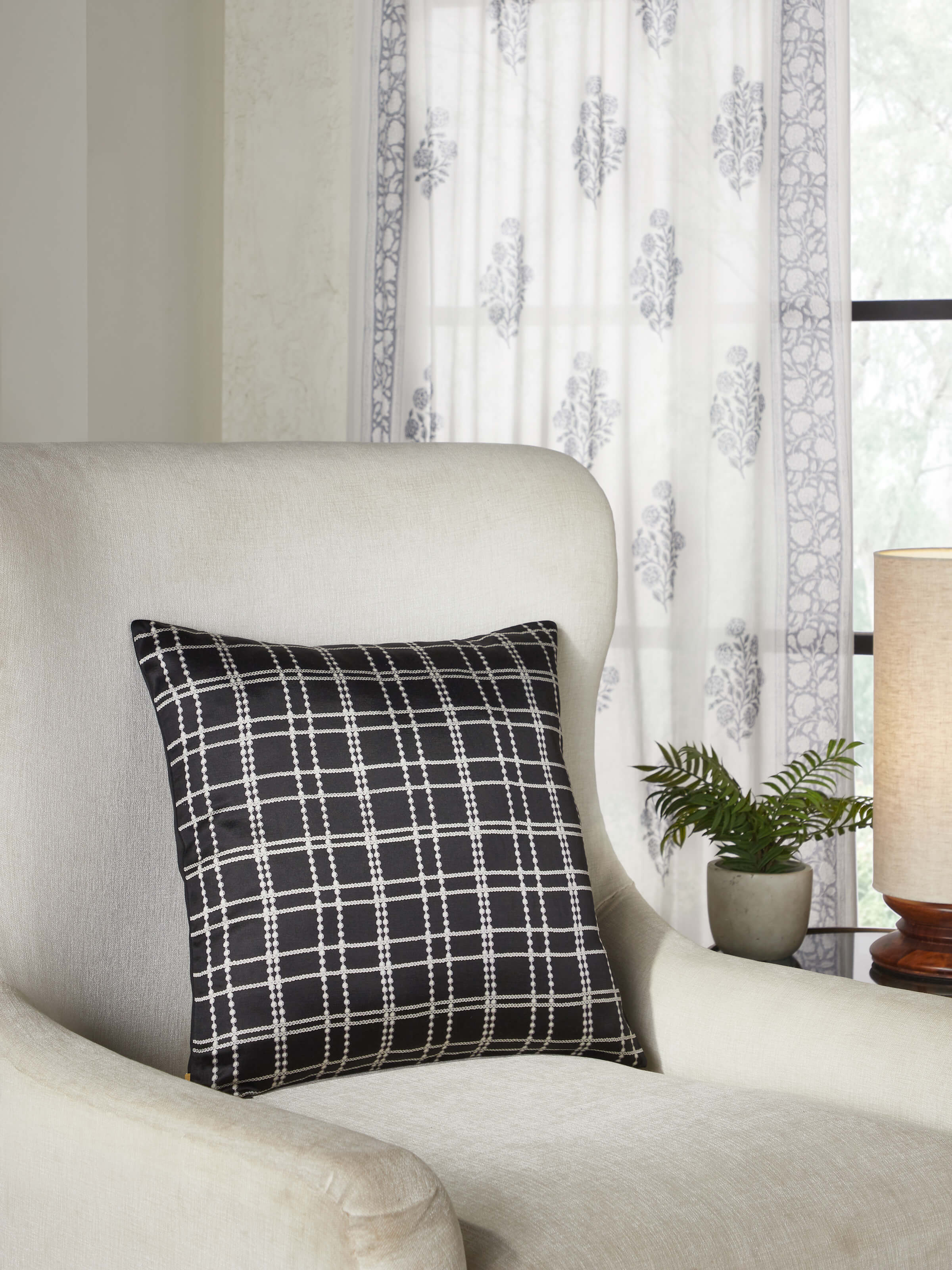 Rambagh Black Checks Cotton Blend Sanganeri Hand Block Printed Cushion Cover