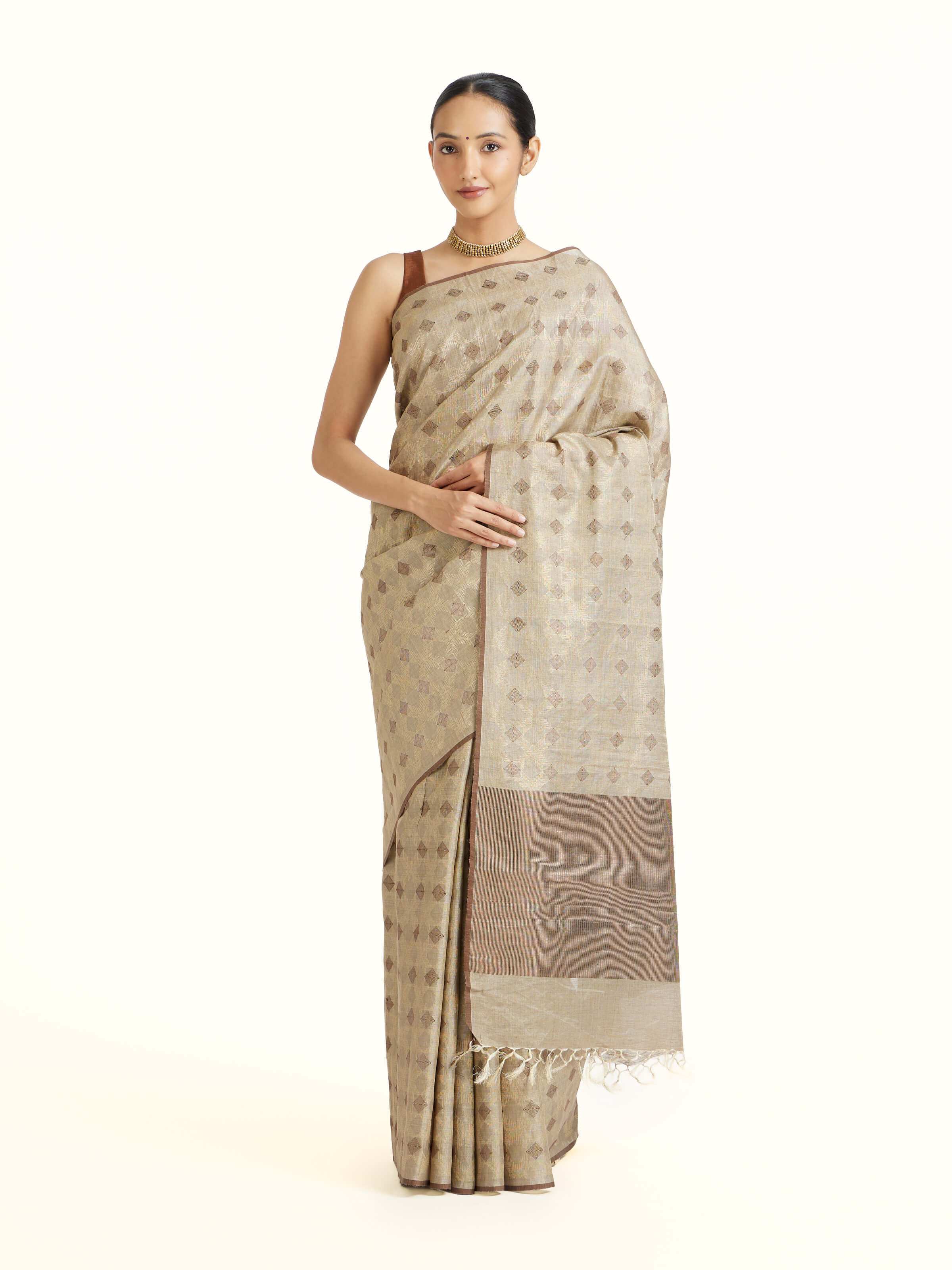 Front view of the Beige Tussar Silk Saree