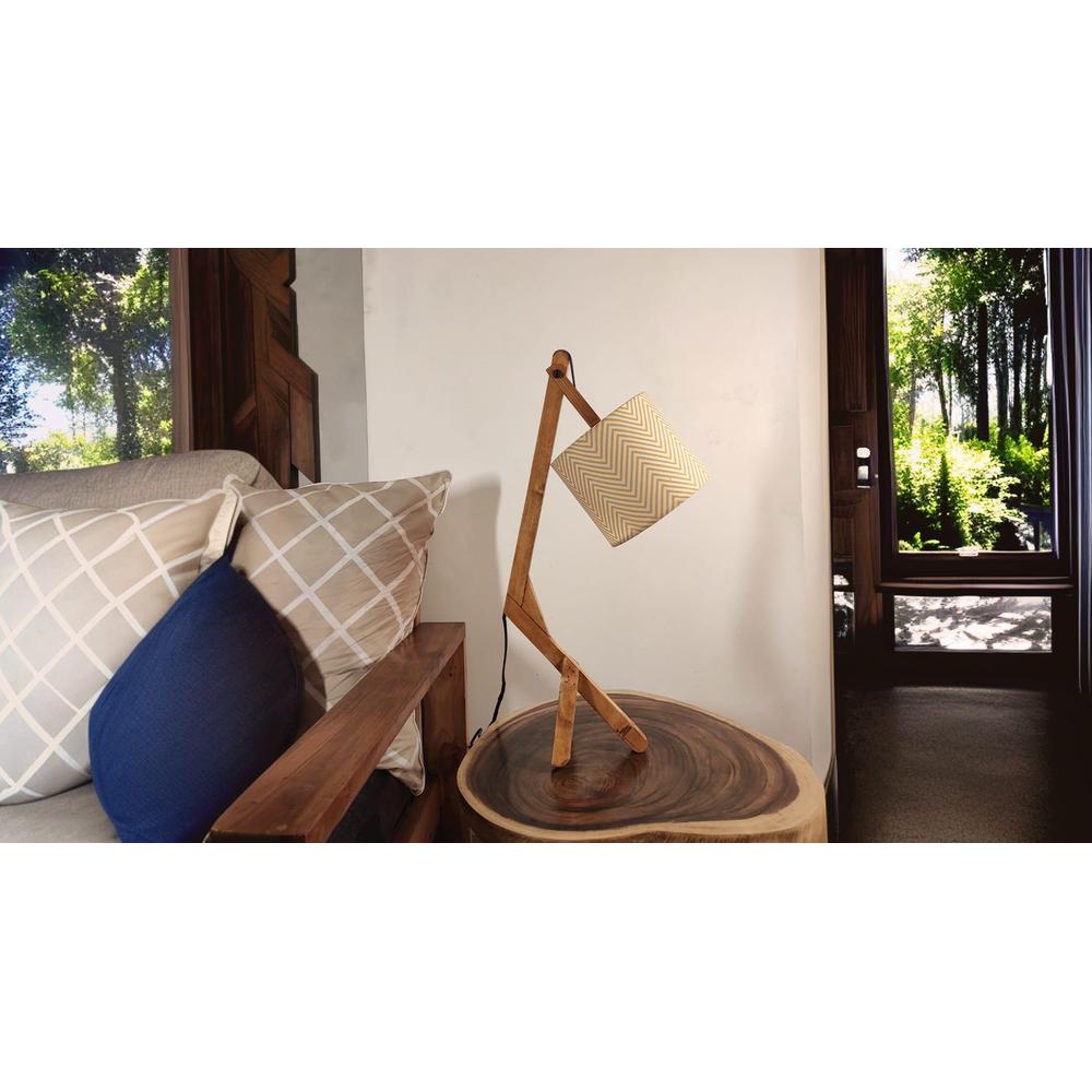 Emphasis Wooden Table Lamp with Brown Base and Yellow Fabric Lampshade