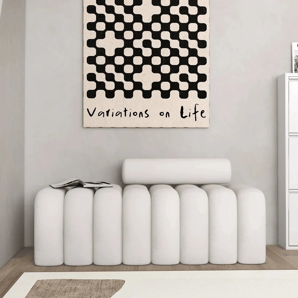 Wooden Twist Veylo Modern Line Design Bench with Round Back Pillow in White Colour