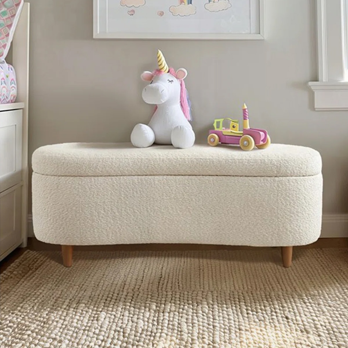 Leroj  Boucle 2 Seater Ottoman Bench with Storage  in Off White  Color - Home Lifestylez