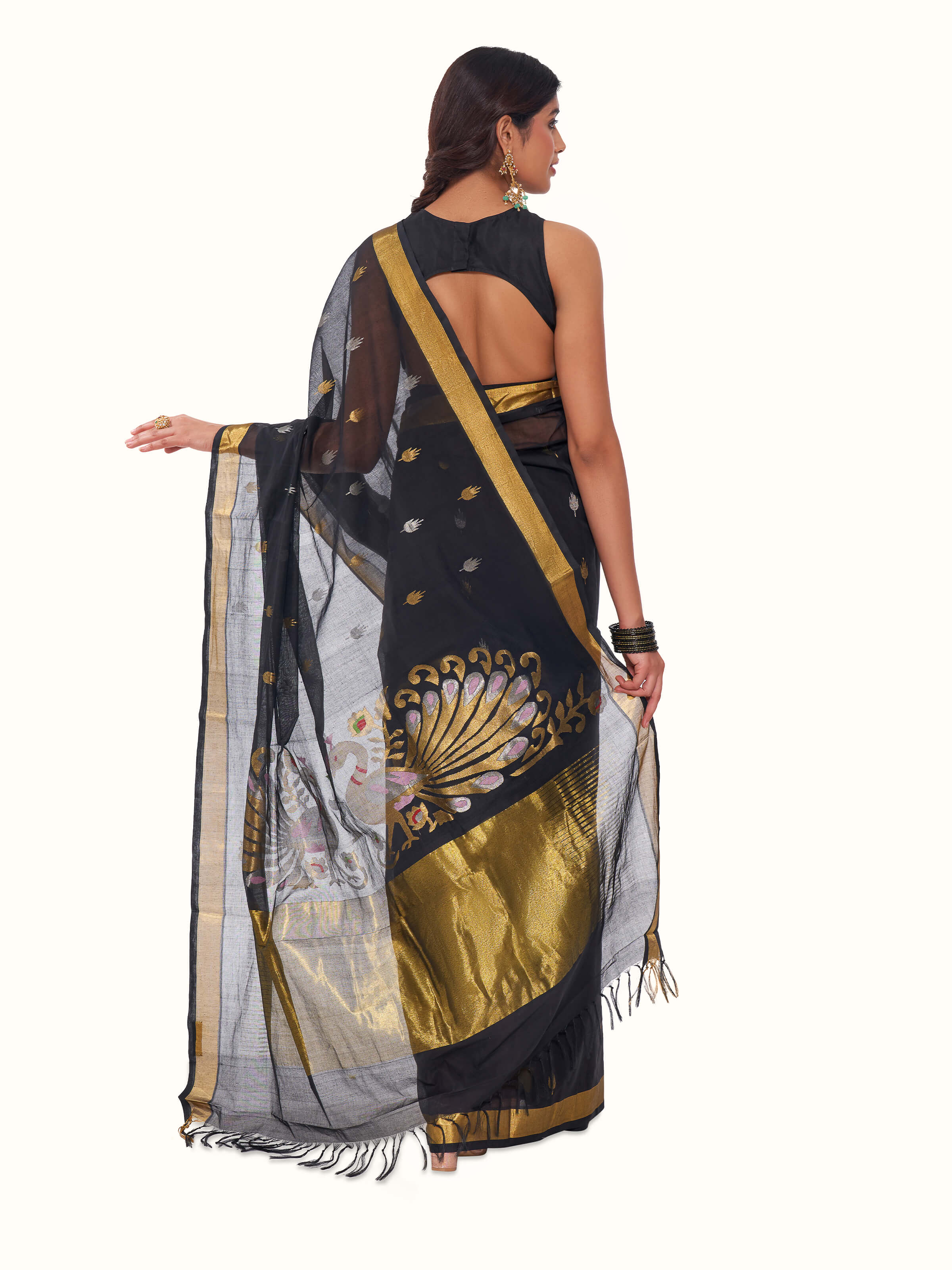 Back view of black cotton Venkatagiri saree displaying woven pallu design