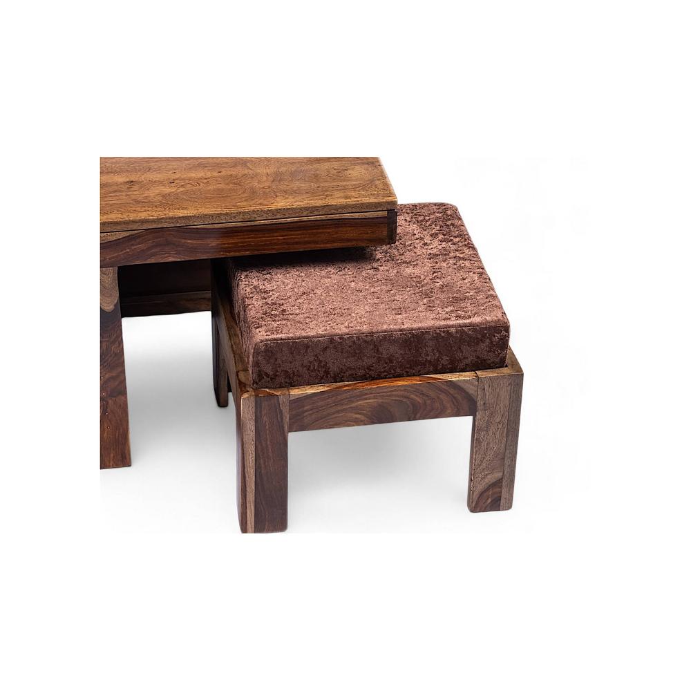 Blane Sheesham Wood 4 Seater Coffee Table Set In Teak Finish Brown Sparkle Velvet Cushion