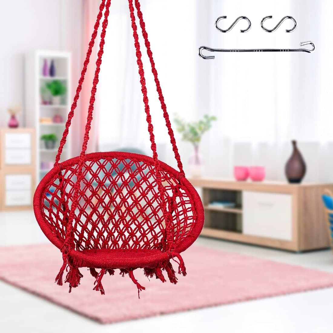 Swingzy Cotton Netted Rope Hanging Swing Chair for Adults and Kids Red