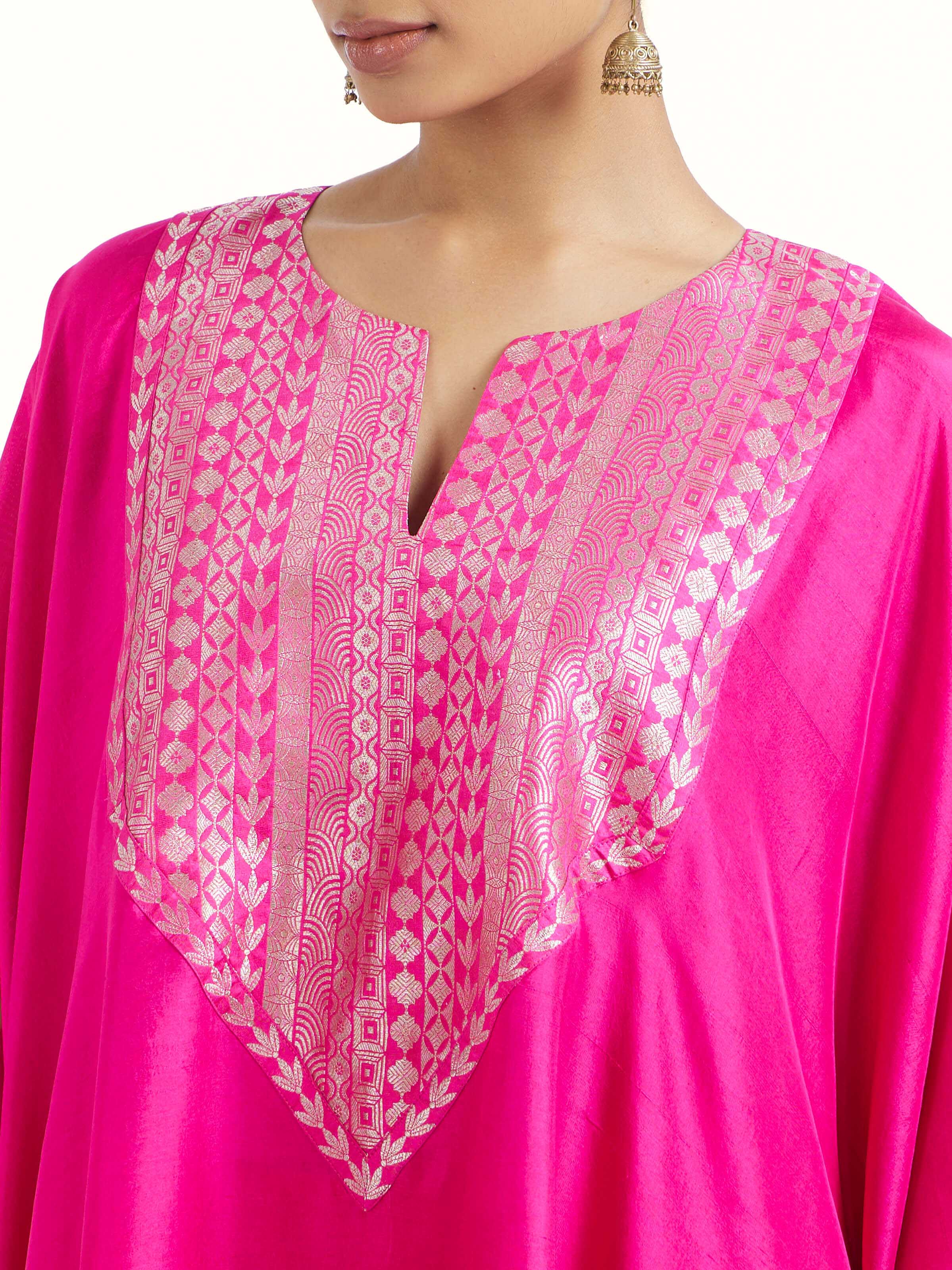 Detail view of pink silk Banarasi co-ord set showing silk texture