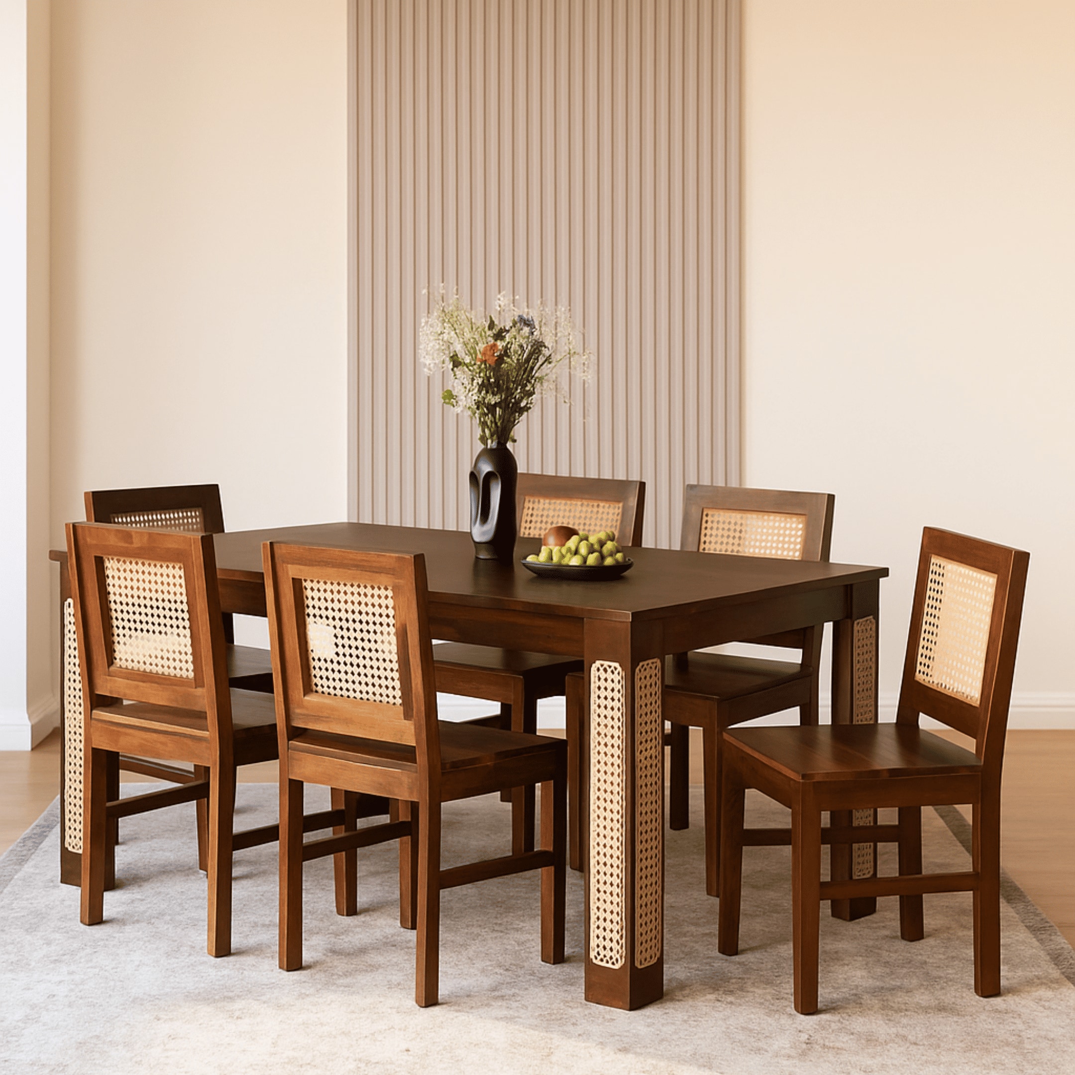 Globally Indian Sheesham Wood 6 Seater Dining Table Set With 6 Cane Backrest  Solid Wood Chair