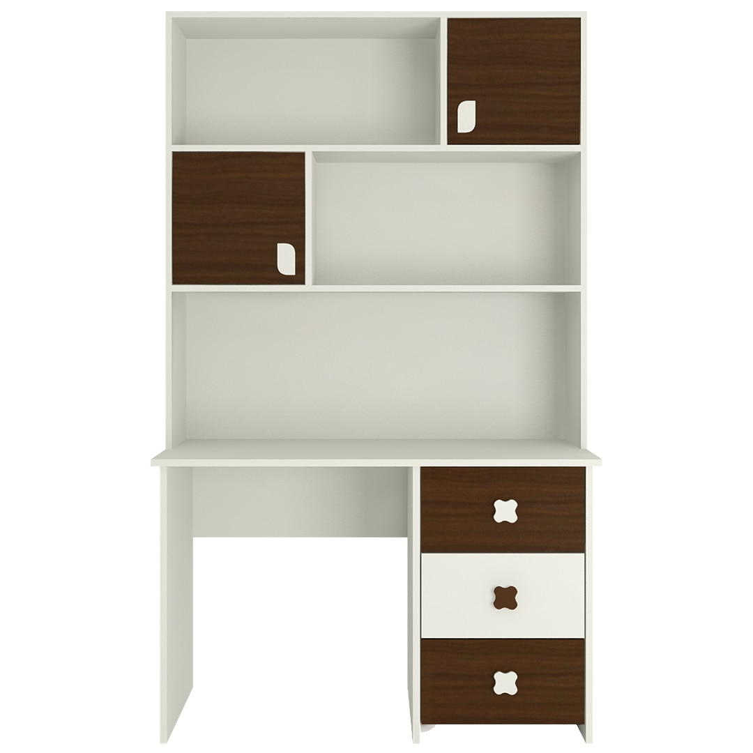 Flora Study Desk cum Bookshelf with Shuttered Cabinets Open Shelves and Drawers in Coffee Walnut Colour