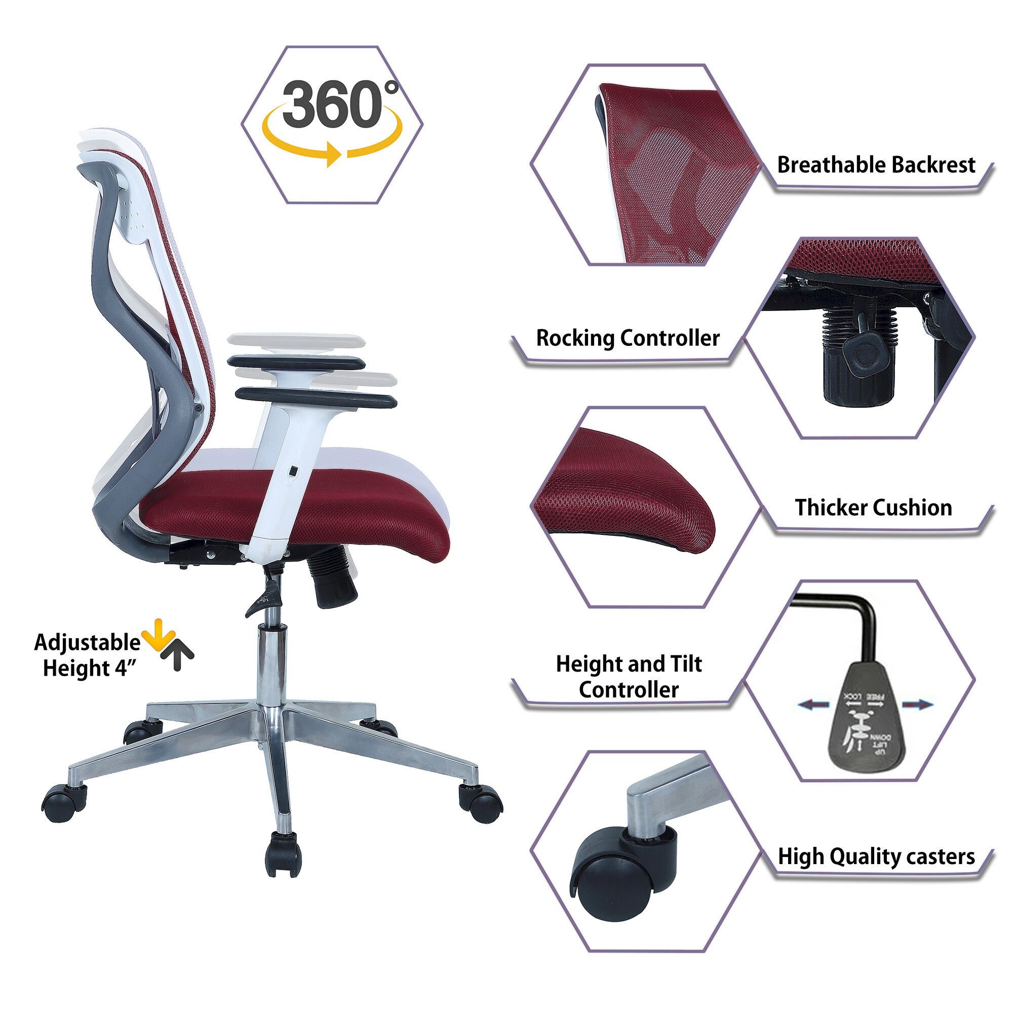 Wiwngas Mid Back Ergonomic Chair in Maroon Colour