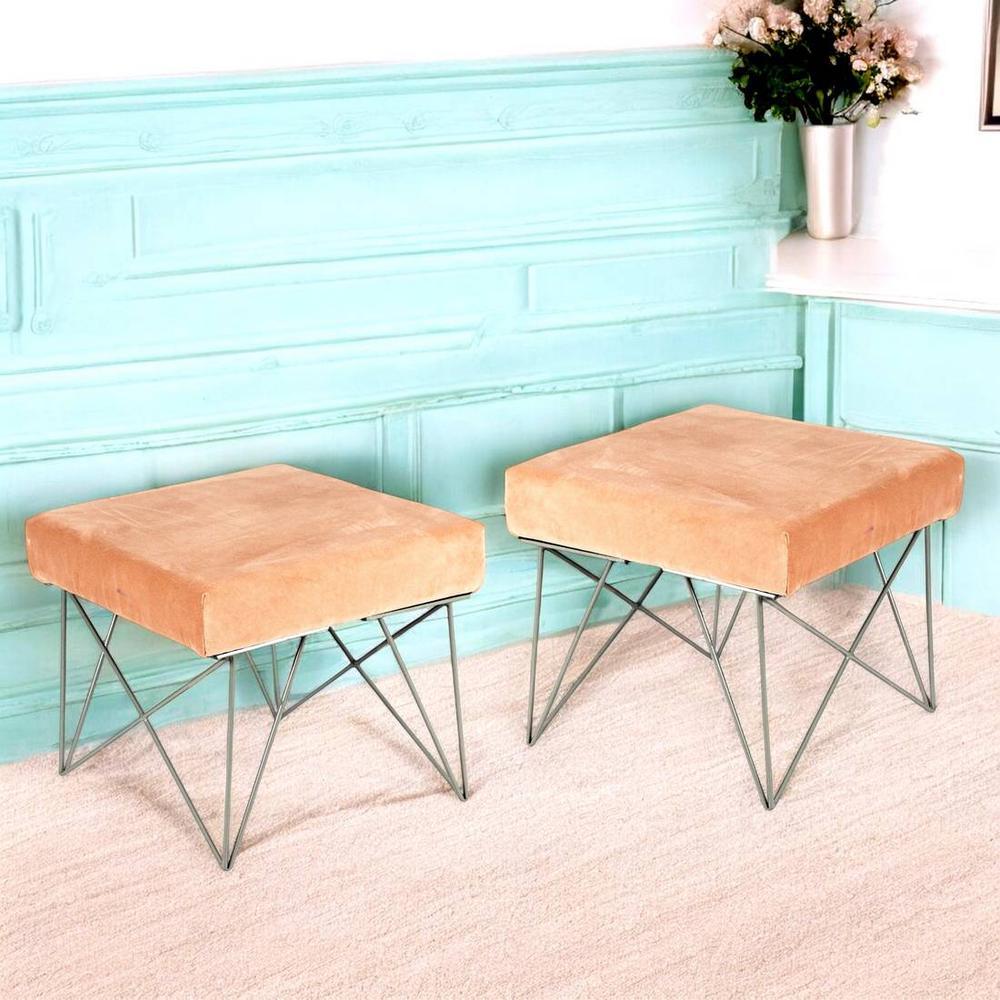 Asansol Sheesham Wood Accent Square Set of 2 Stools     in Melon Pink Cotton Velvet Upholstery