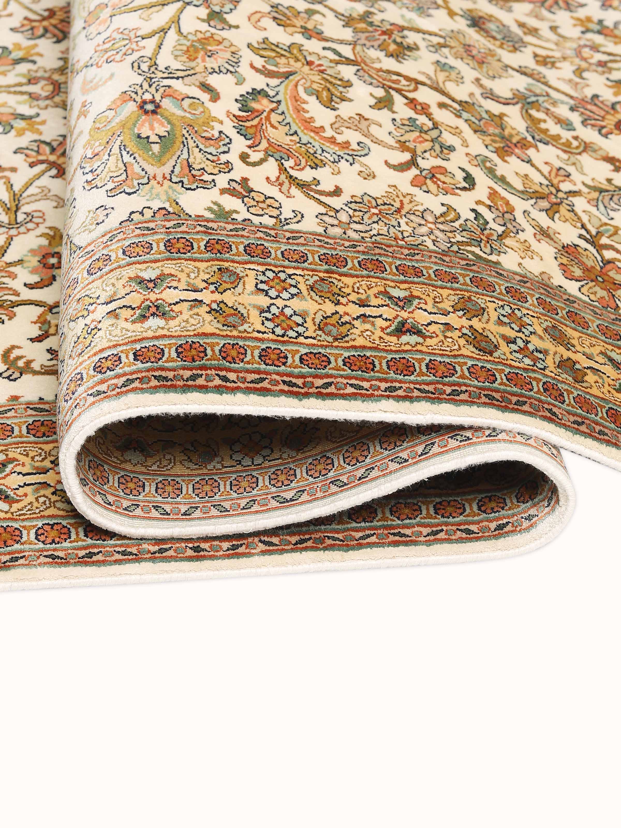 Traditional Persian Ivory Tabriz Kashmir Silk Hand-Knotted Carpet