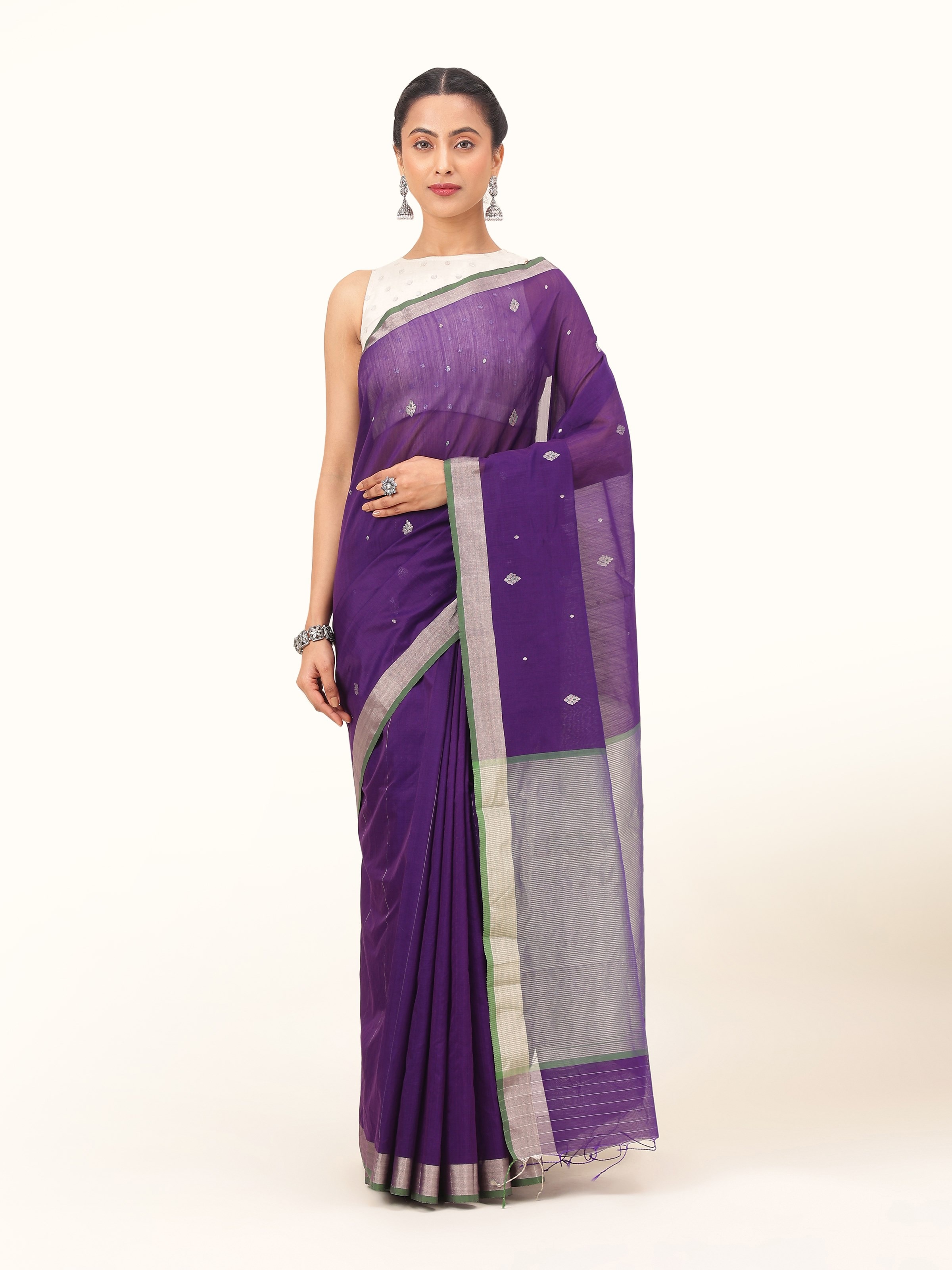 Front view of Anika cotton silk Chanderi saree showcasing subtle sheen and elegant weave