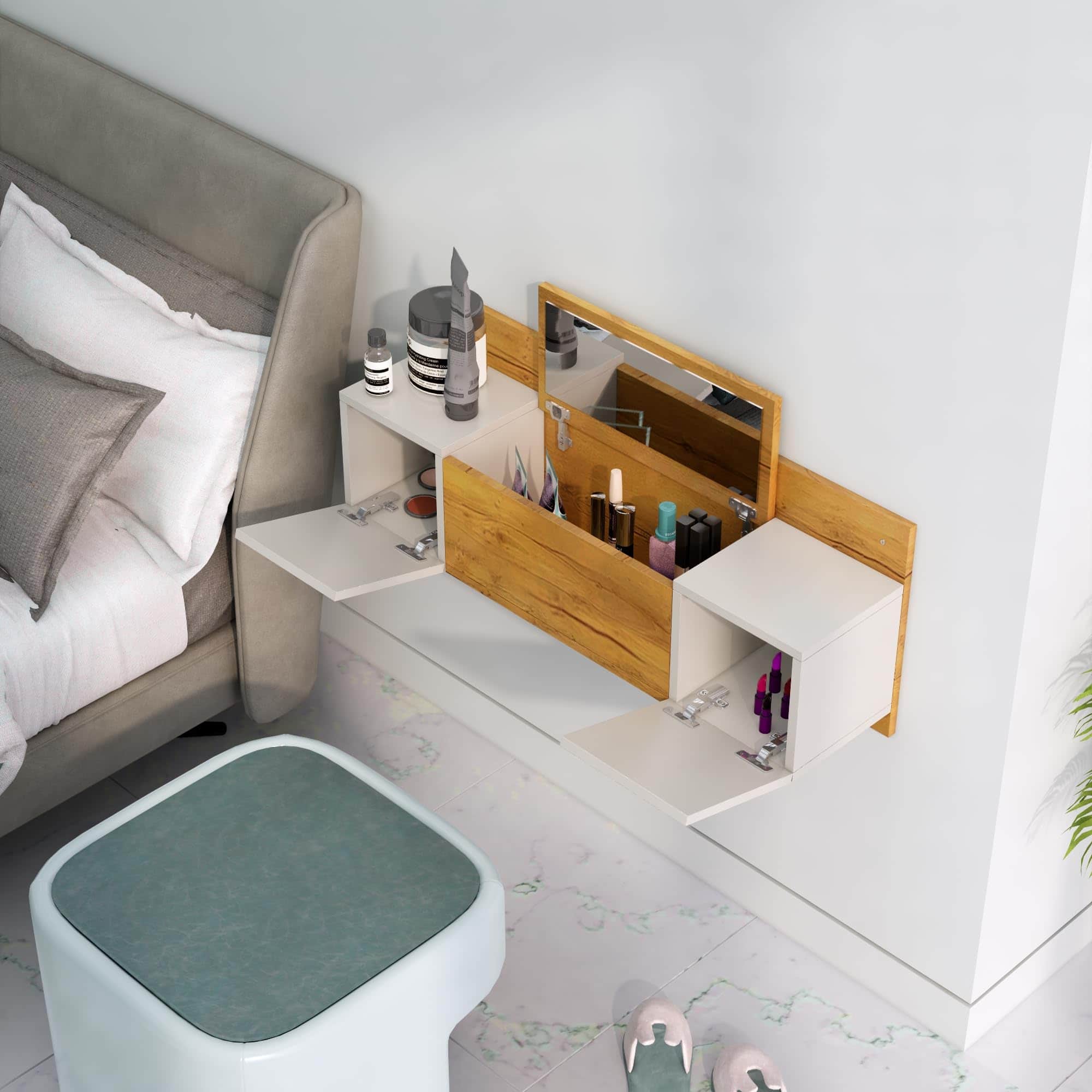Hexa Red Engineered Wood Wall Mount Dressing Table in Giant Wood and Frosty White Colour - HexaRed