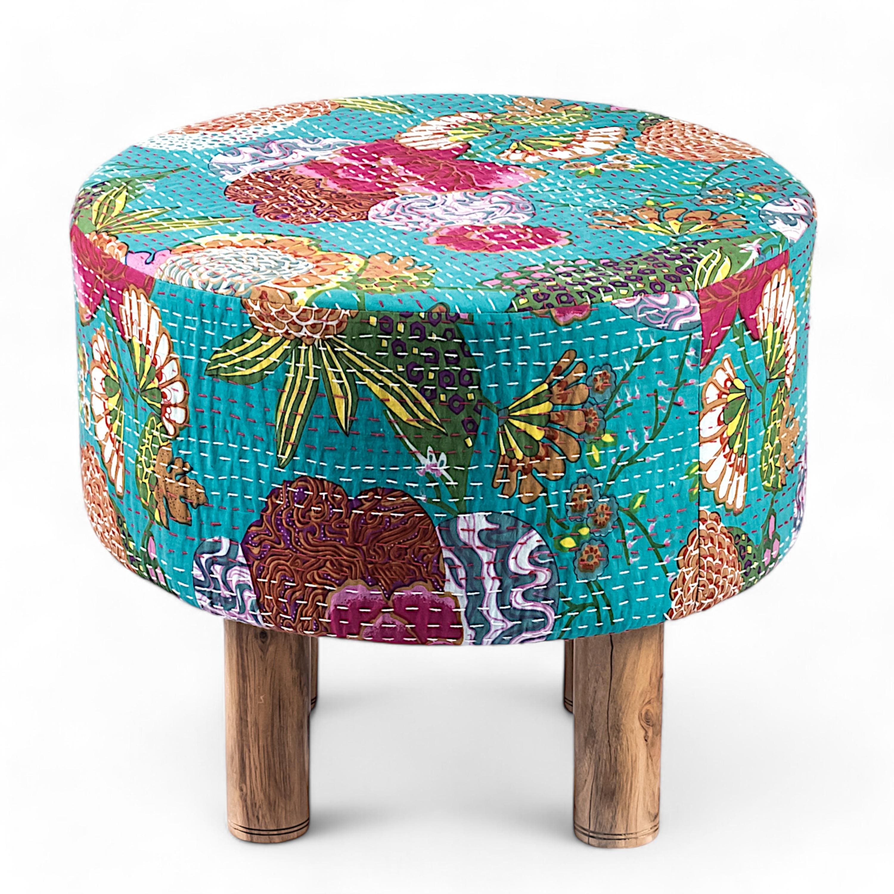 Collio Solid Wood Pouffee in Floral Print Green Kantha Fabric