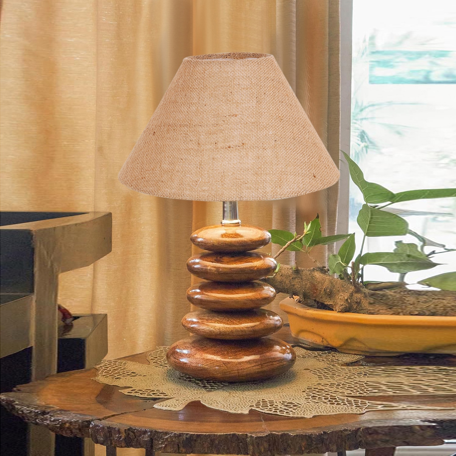Devansh Beige Jute Table Lamp With Wood  Pebble Lamp  (10X10X15) Inches