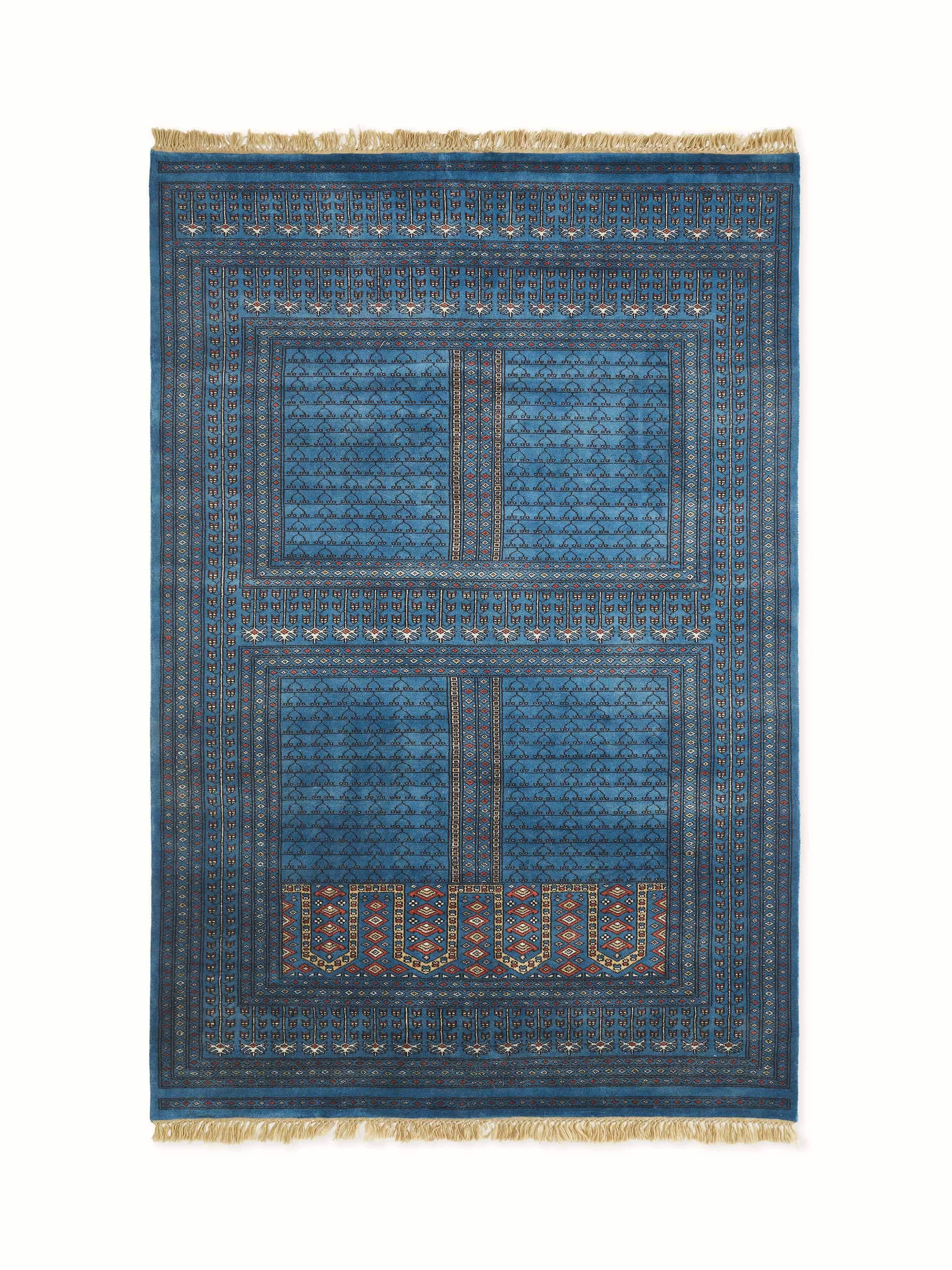 Front view of Amritsari Parda Blue Gwalior Wool Hand-knotted Rug with traditional Mughal floral design by Swadesh