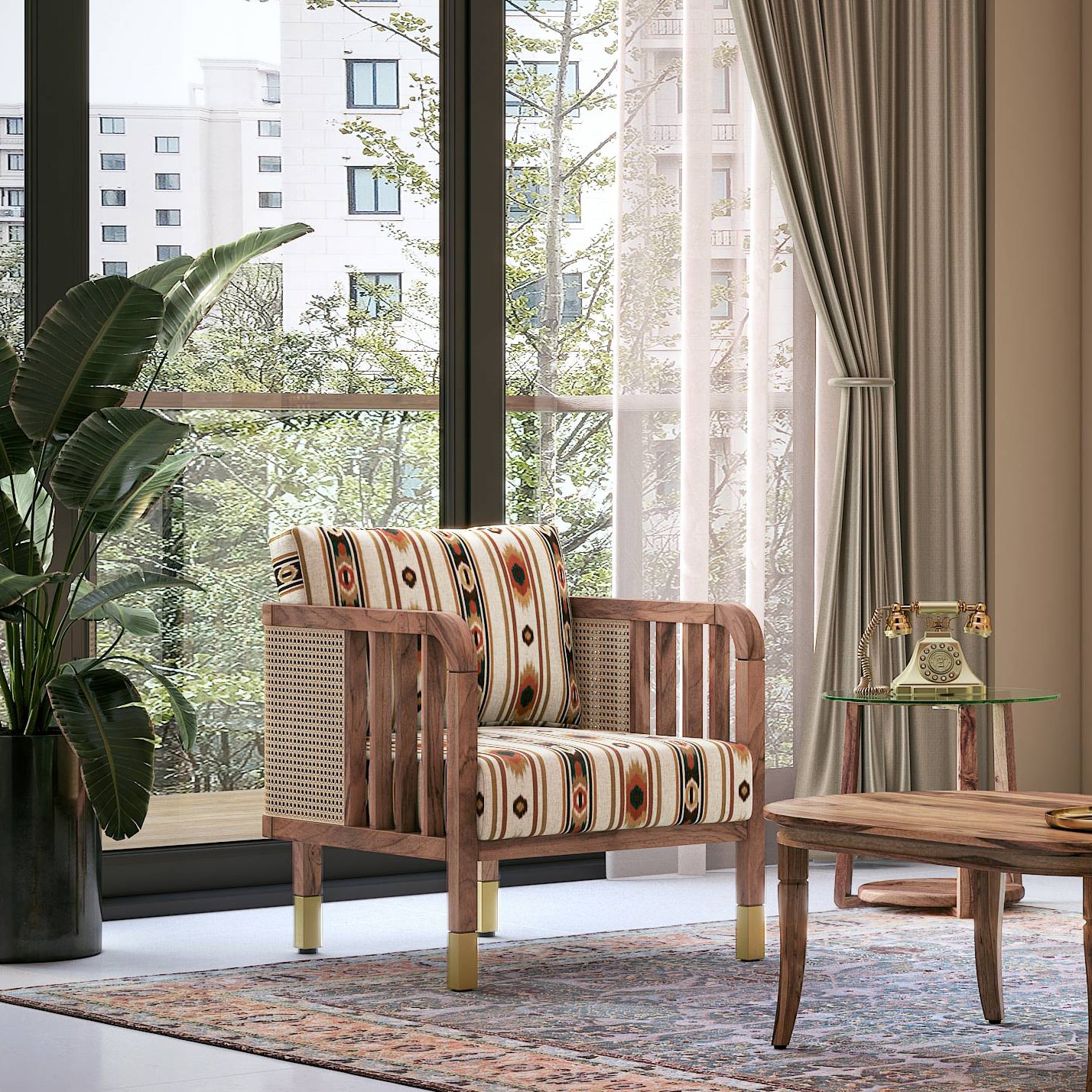 Taran 1 Seater Wooden Sofa in Sunset Ikat Stripes Colour