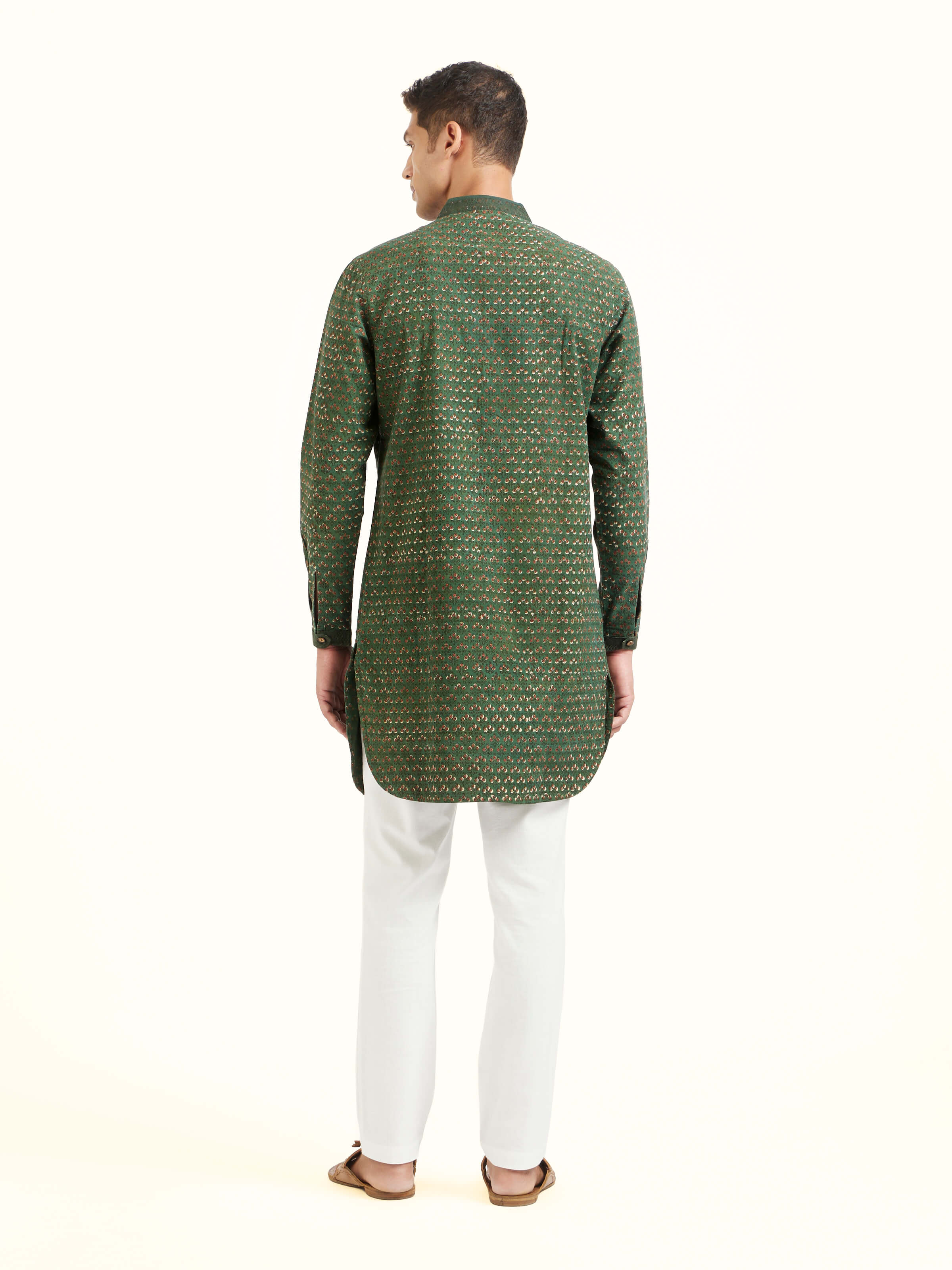 Back view of teal cotton phad block printed kurta displaying full pattern layout