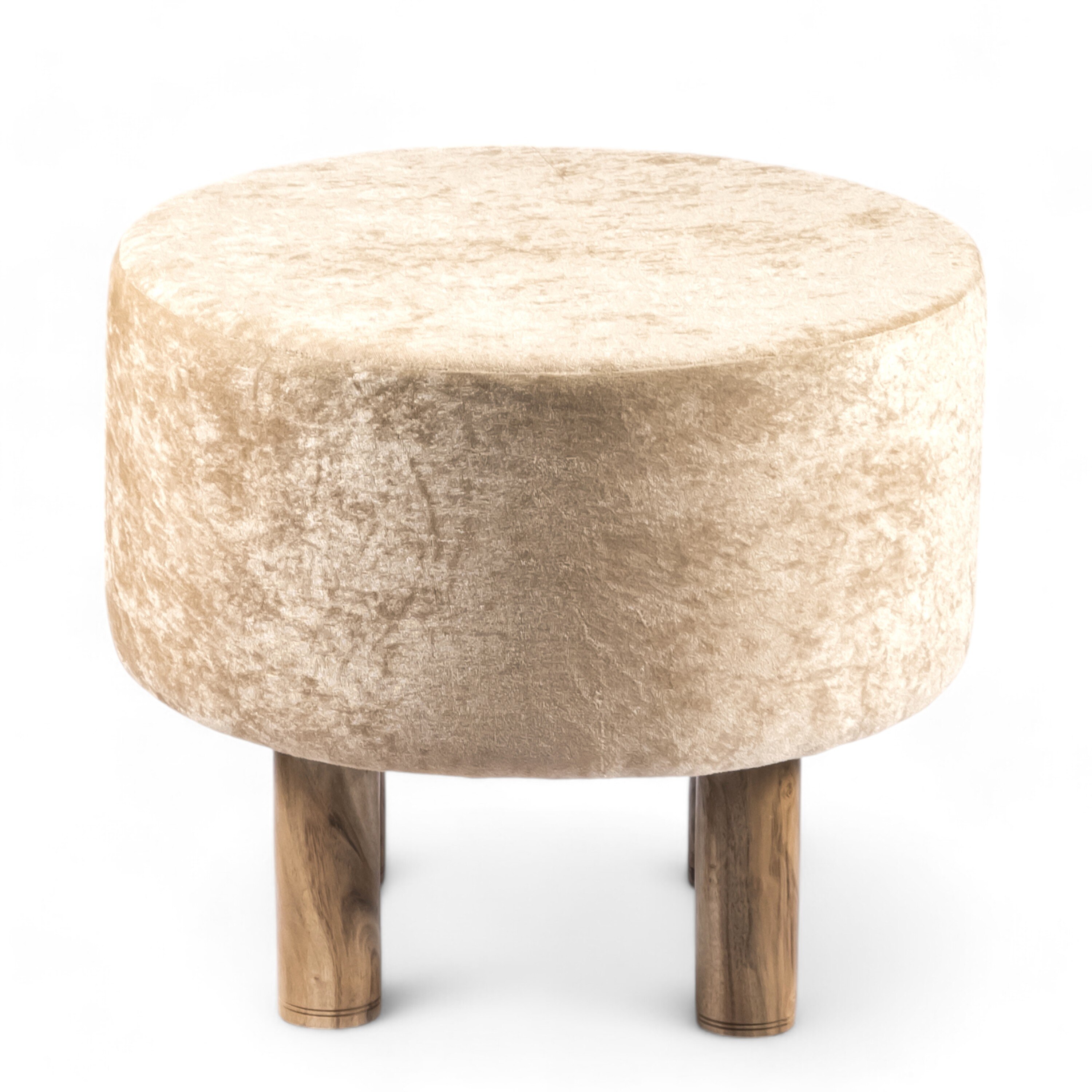 Collio Solid Wood Pouffee in Ivory Sparkle Velvet Fabric