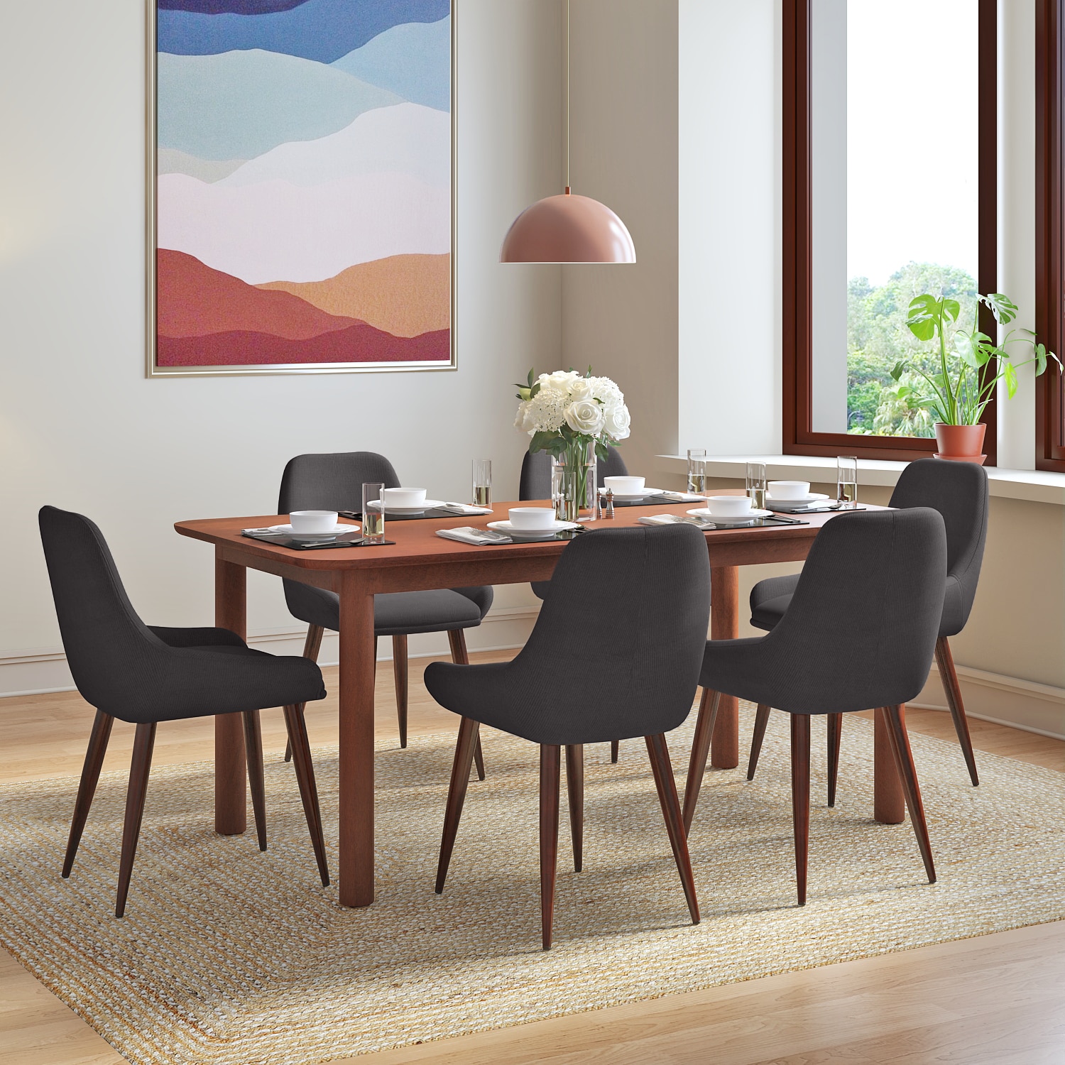 Dane Solid Wood Dining Table 6 Seater with 6 Rickman Lounge Chairs (Finish: Honey, Colour: Matty Grey) - Urban Ladder
