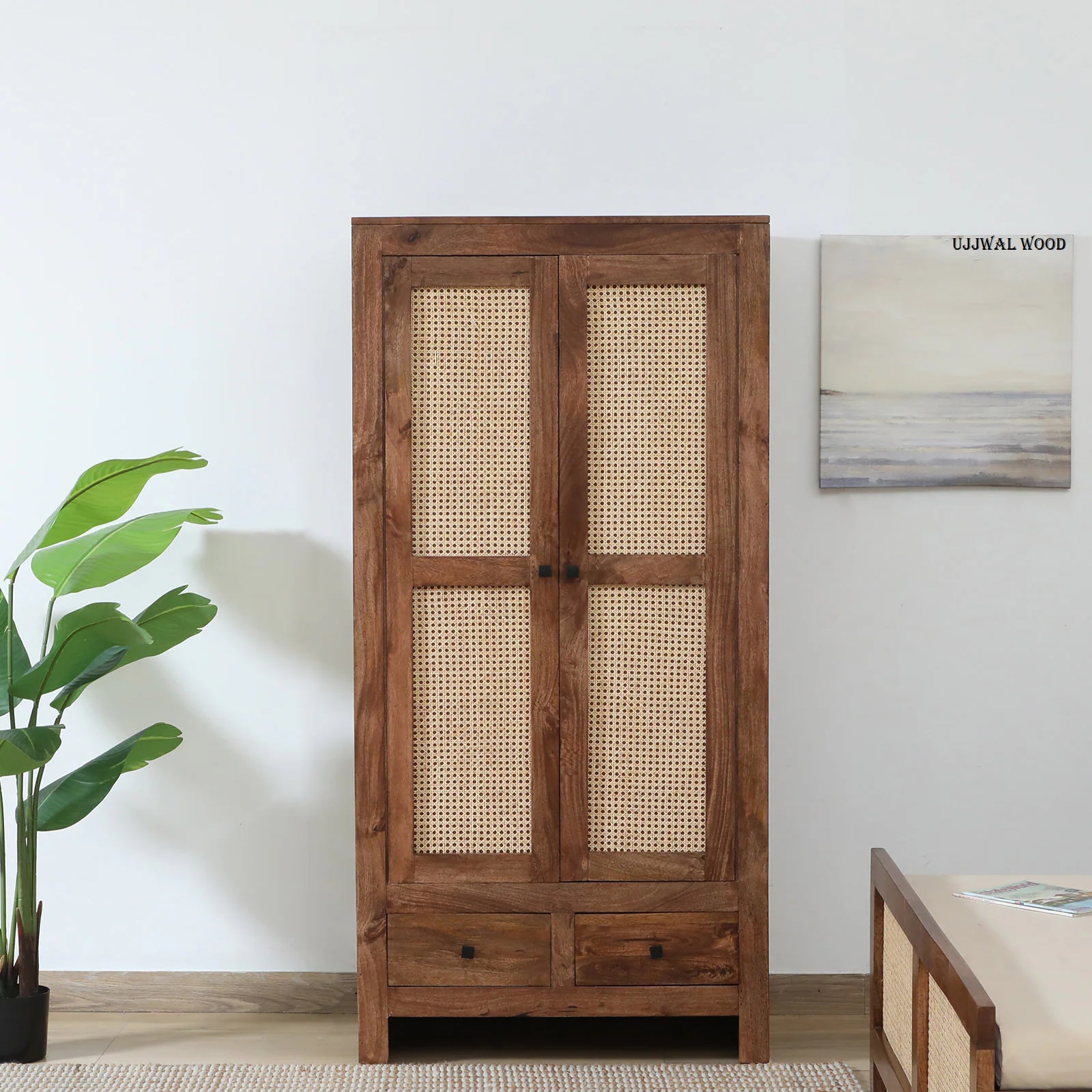 Mango Wood 2 Door Wardrobe In Rustic Teak Finish With Drawer