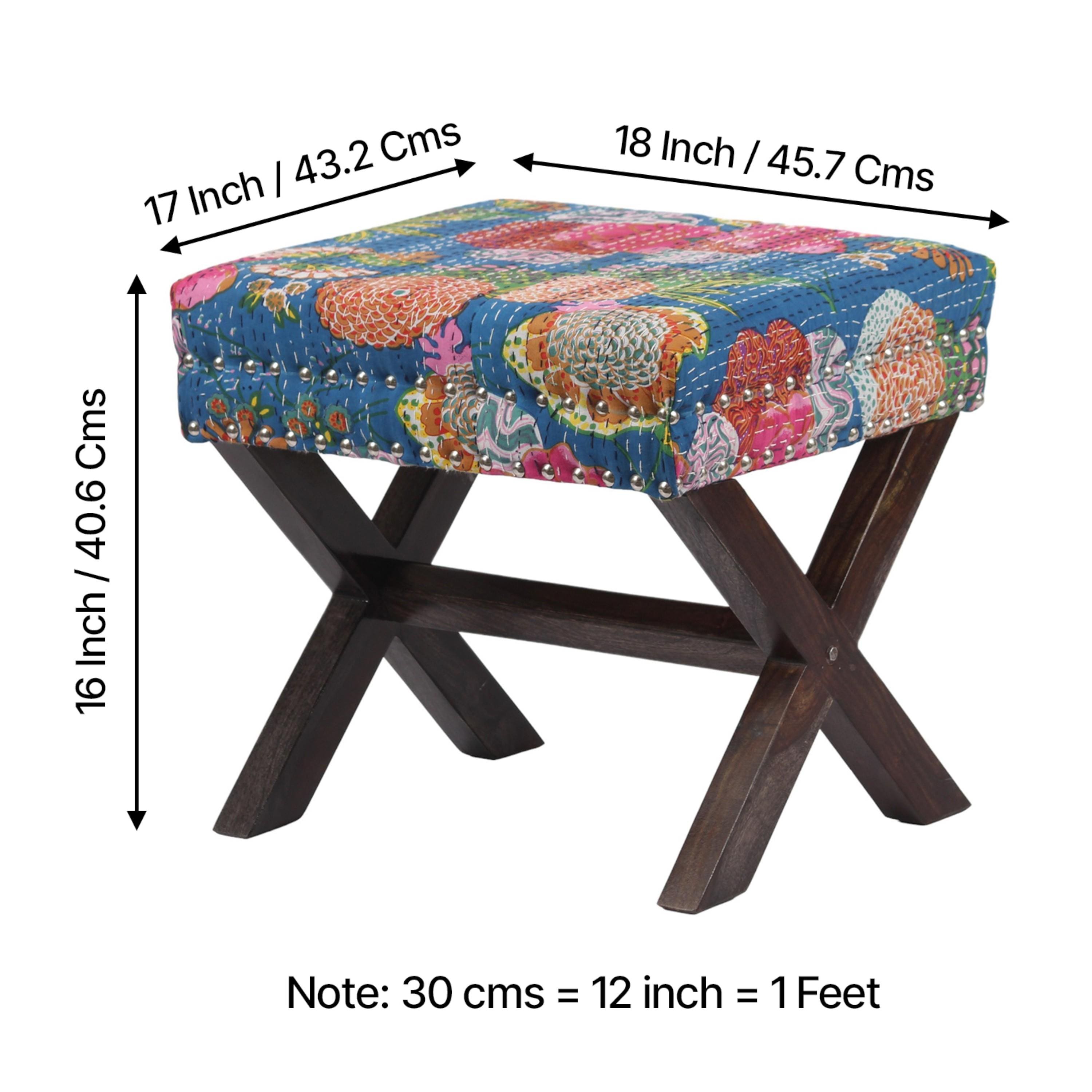 Rosslyn Solid Wood Pouf Stool in Fruit Print Blue Ethnic Kantha fabric