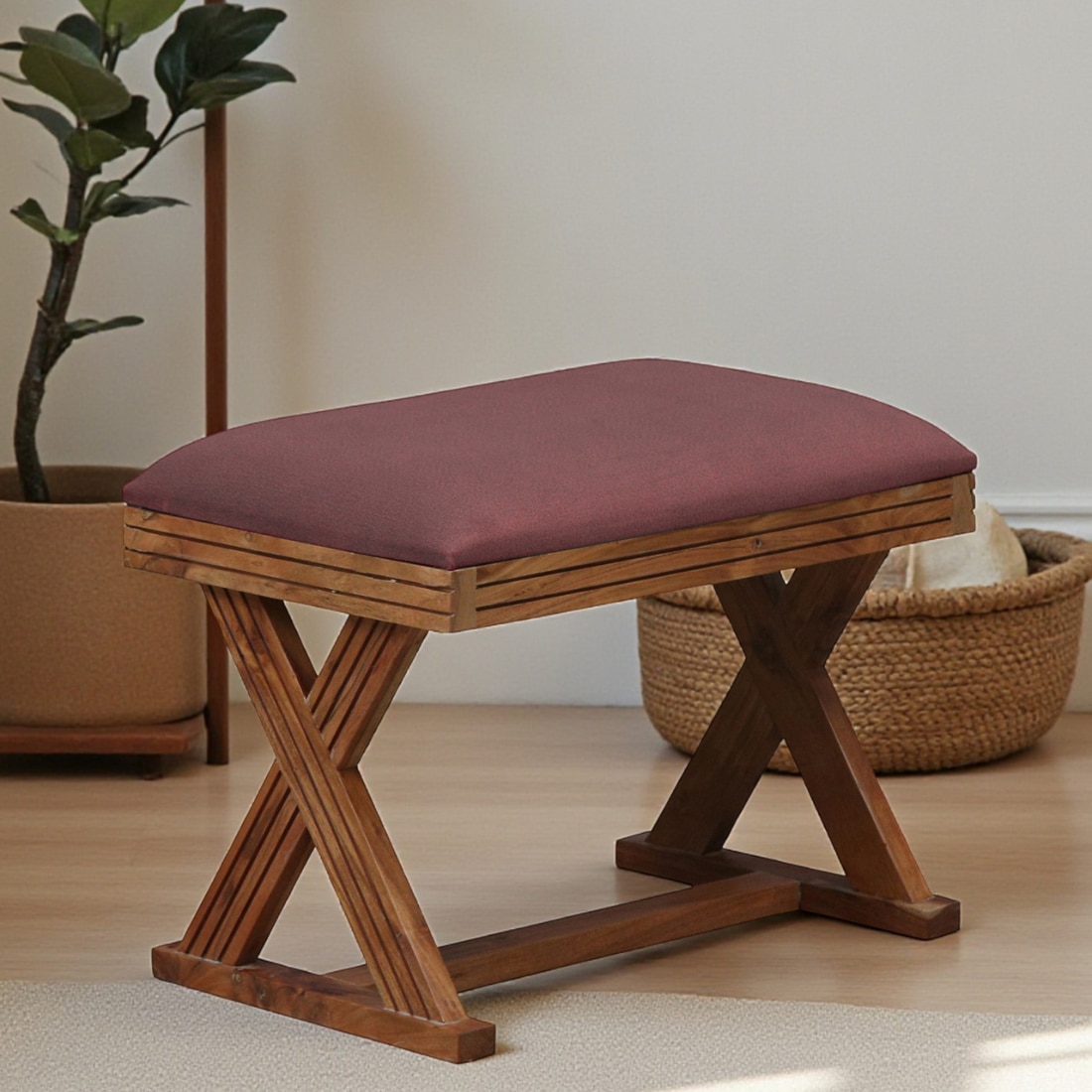 Calvefield Solid Wood Ottoman in Pink Fabric