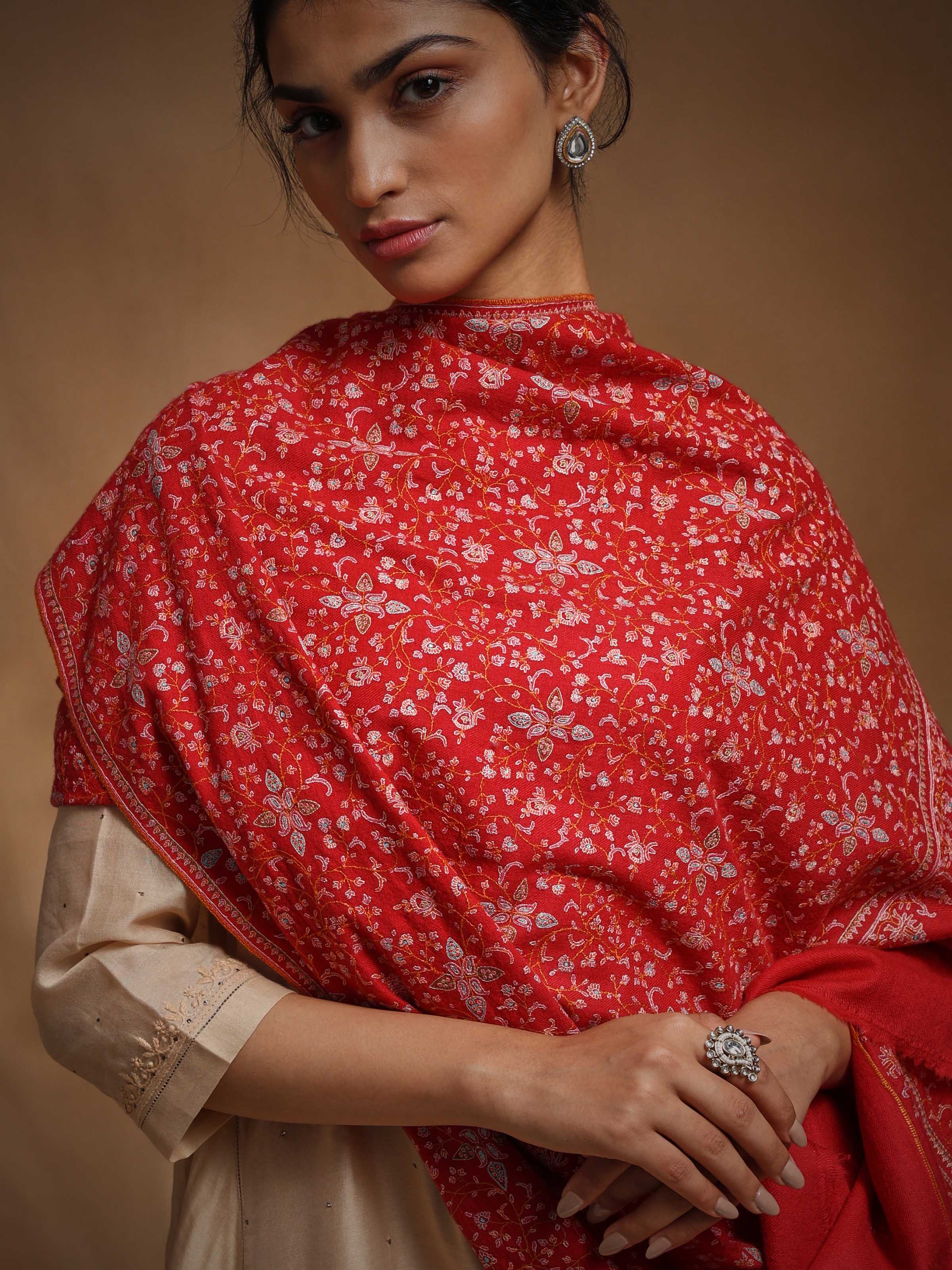 Side view of cashmere sozni embroidered shawl showing border detailing