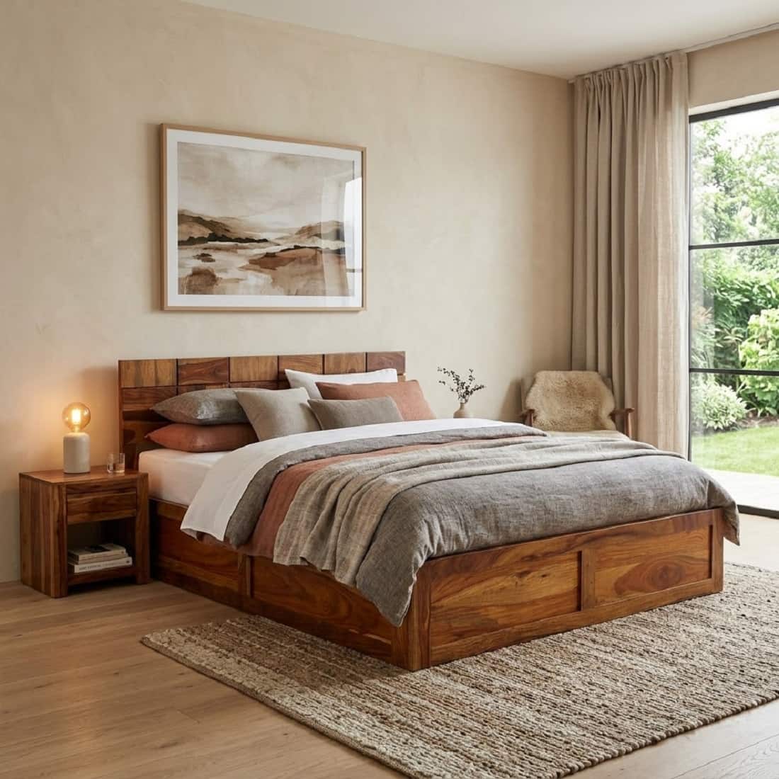 Baare Solid Wood King Size Box Storage Bed In Natural Teak Finish - Demiwall