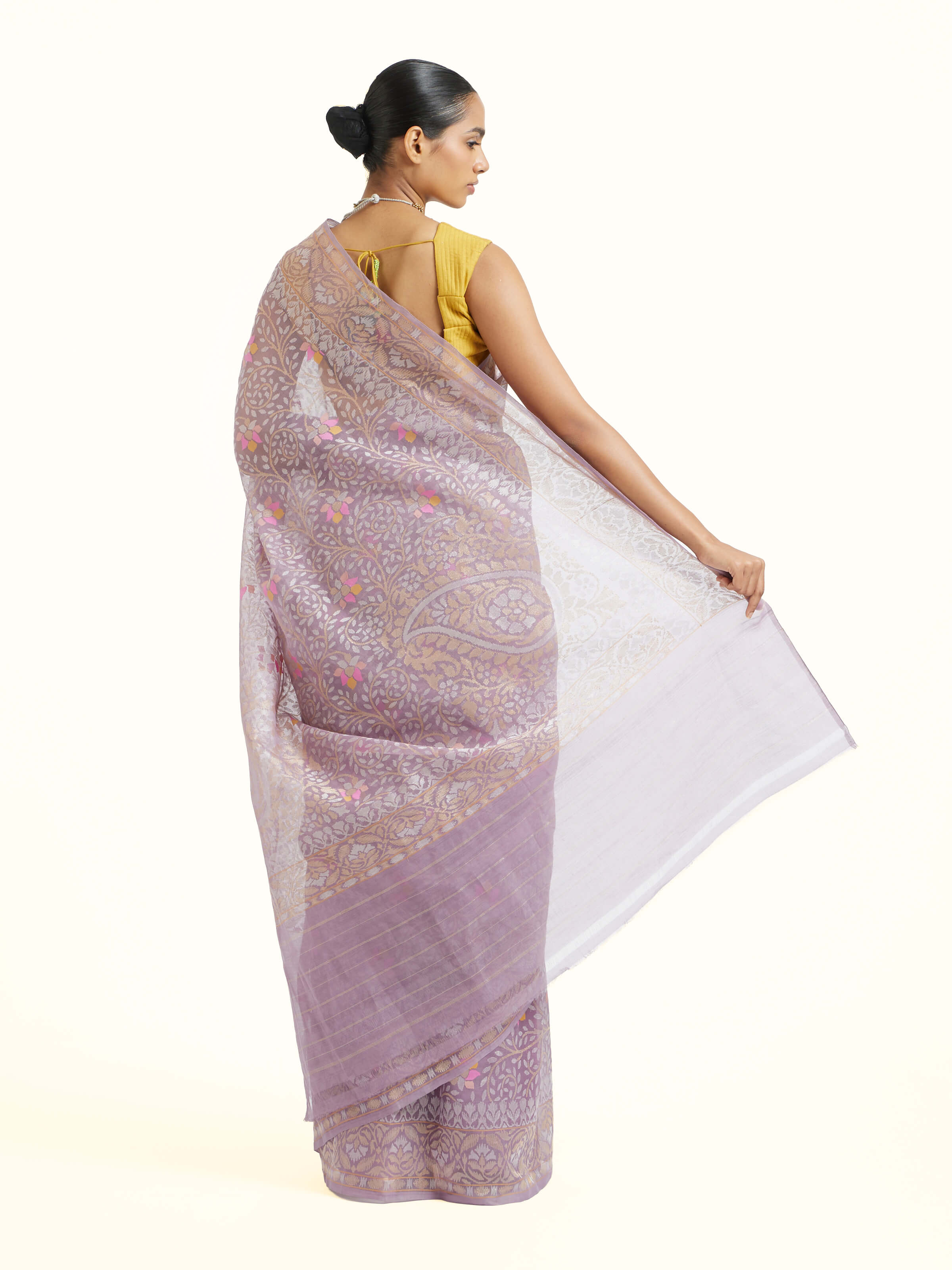Back view of purple cotton Awadh Jamdani Banarasi saree displaying full design