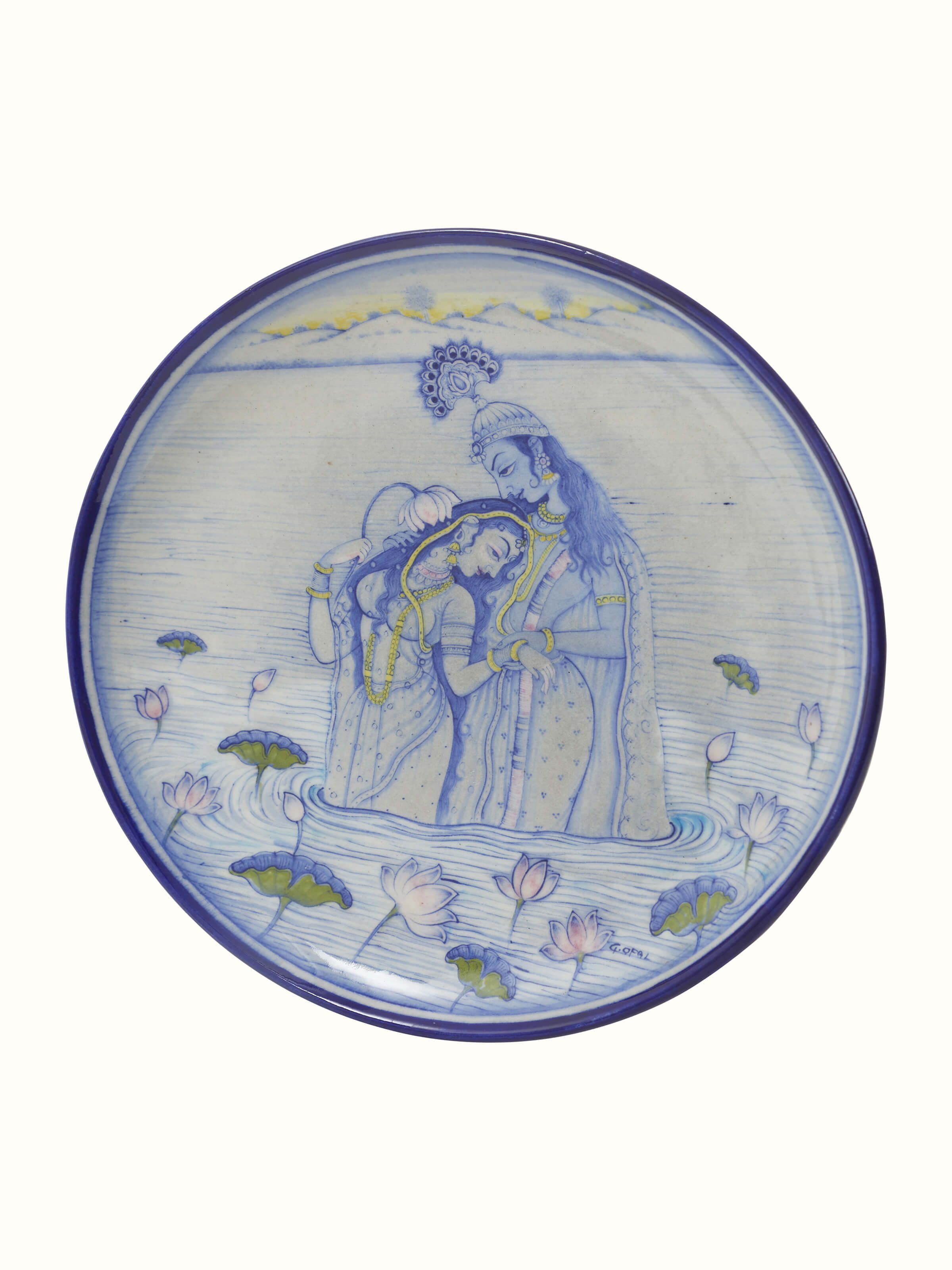 Front view of Blue Pottery Lovers Display Plate, showcasing the intricate blue pottery work with a romantic lovers design.